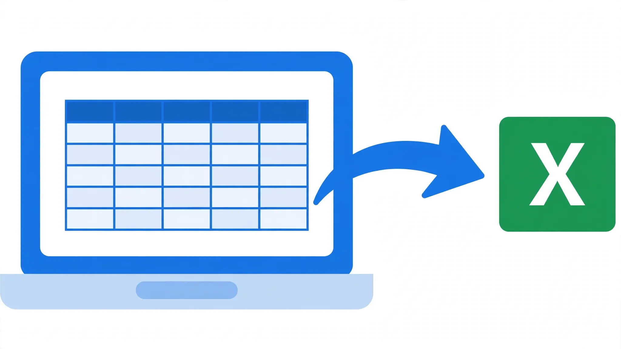 Flat vector illustration of a MacBook with an Apple Numbers spreadsheet and a curved arrow exporting to an Excel file