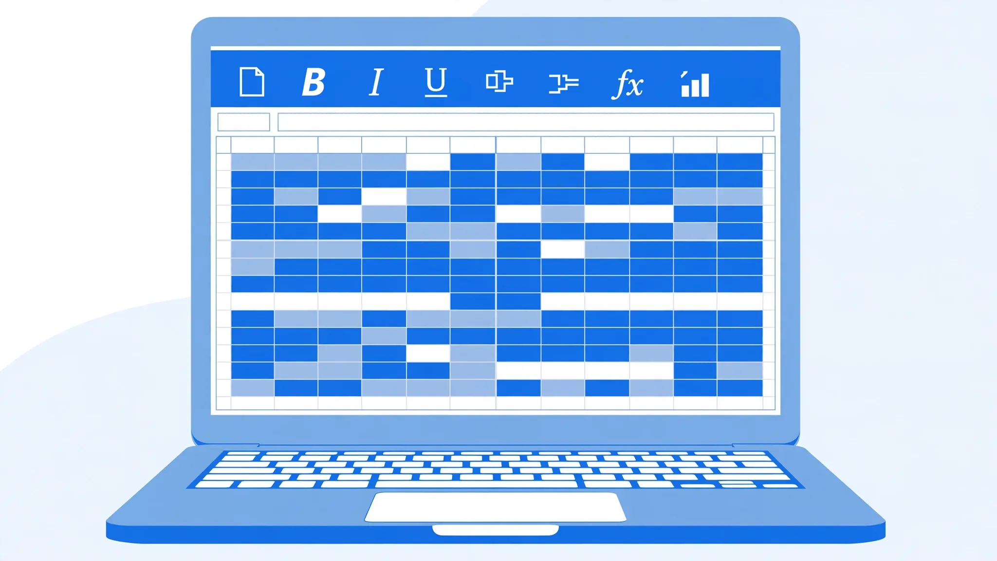 Flat vector illustration of a MacBook displaying Microsoft Excel for Mac with a ribbon toolbar and spreadsheet grid