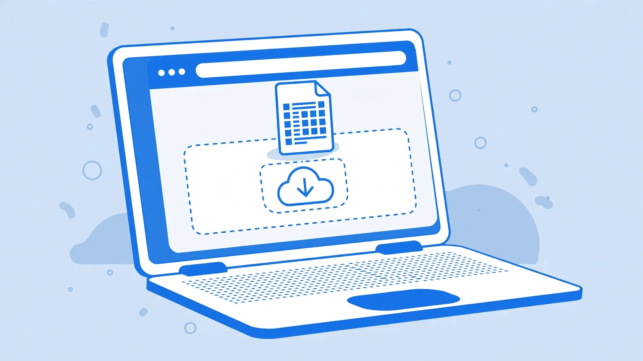 Flat vector illustration of a MacBook with a web browser open on an online CSV to Excel converter upload page