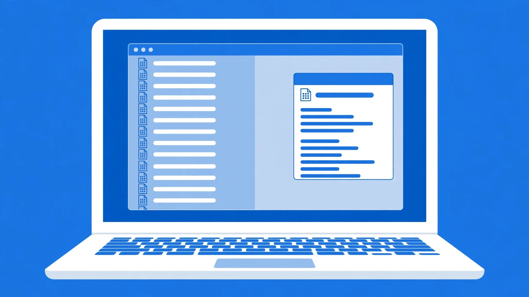 Flat vector illustration of a MacBook showing a macOS Finder window with CSV document files and a Get Info panel