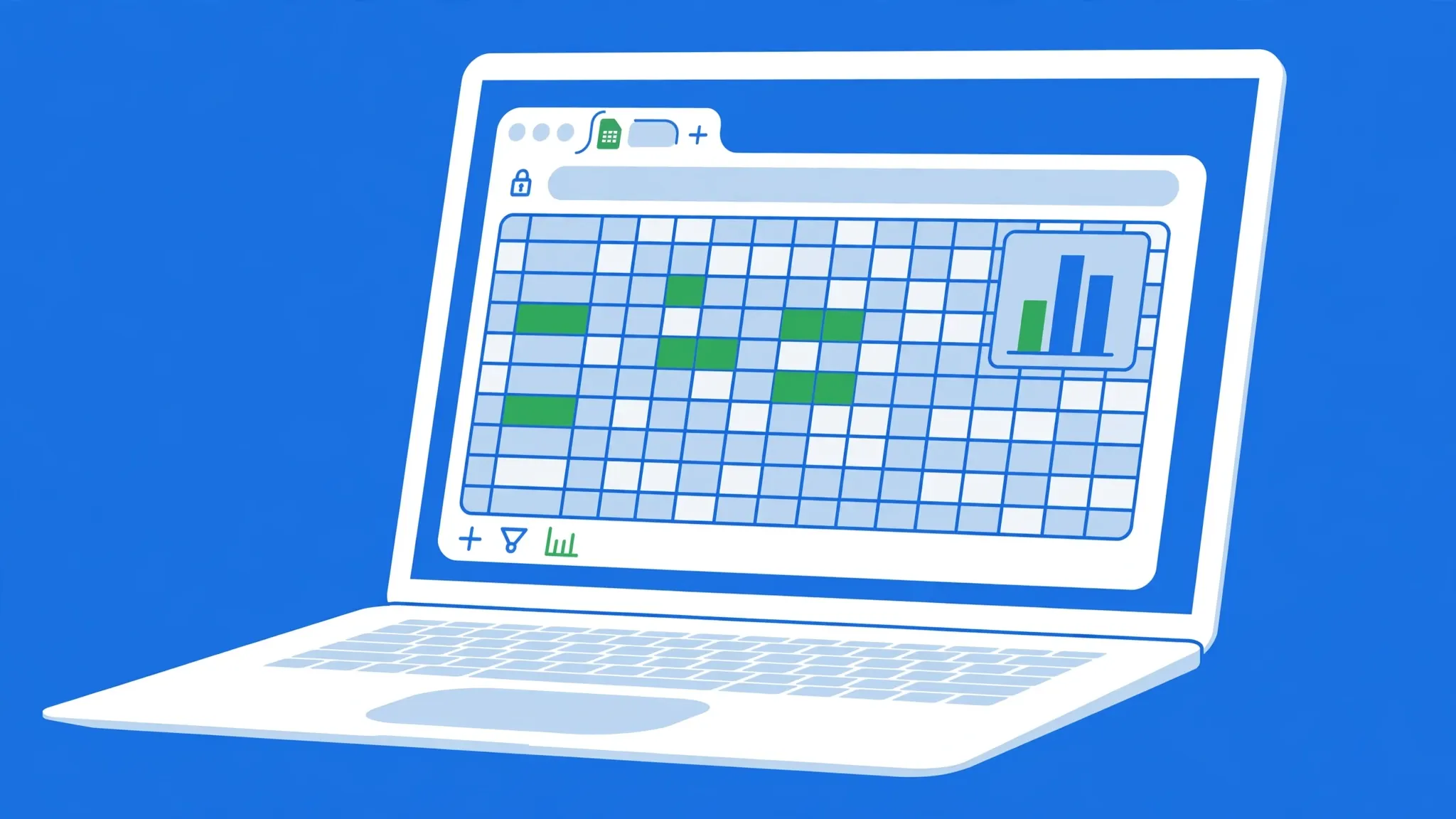 Flat vector illustration of a MacBook with Google Sheets open in a web browser showing a colorful spreadsheet grid