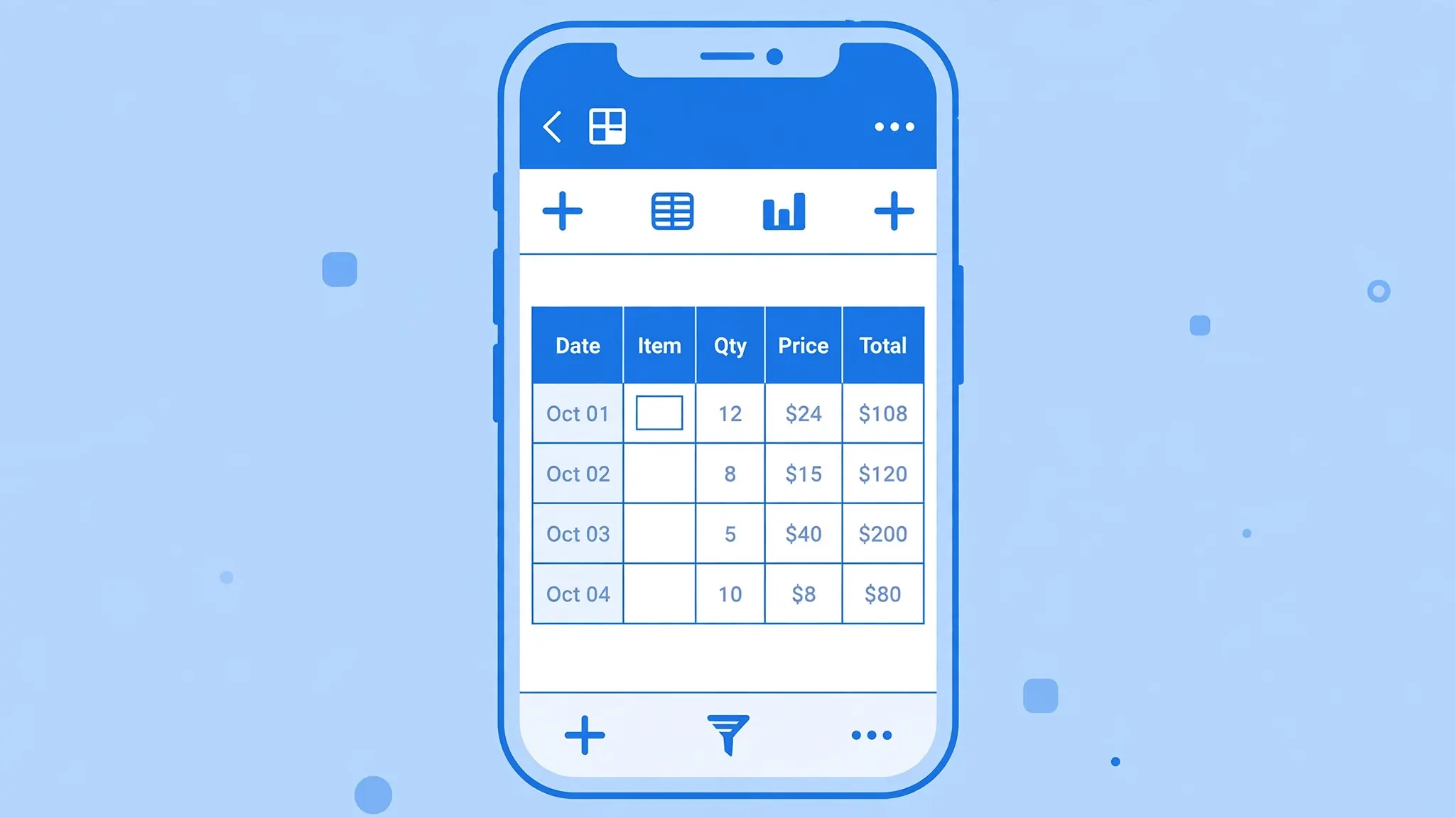 Flat vector illustration of an iPhone with the Apple Numbers app open showing a spreadsheet table