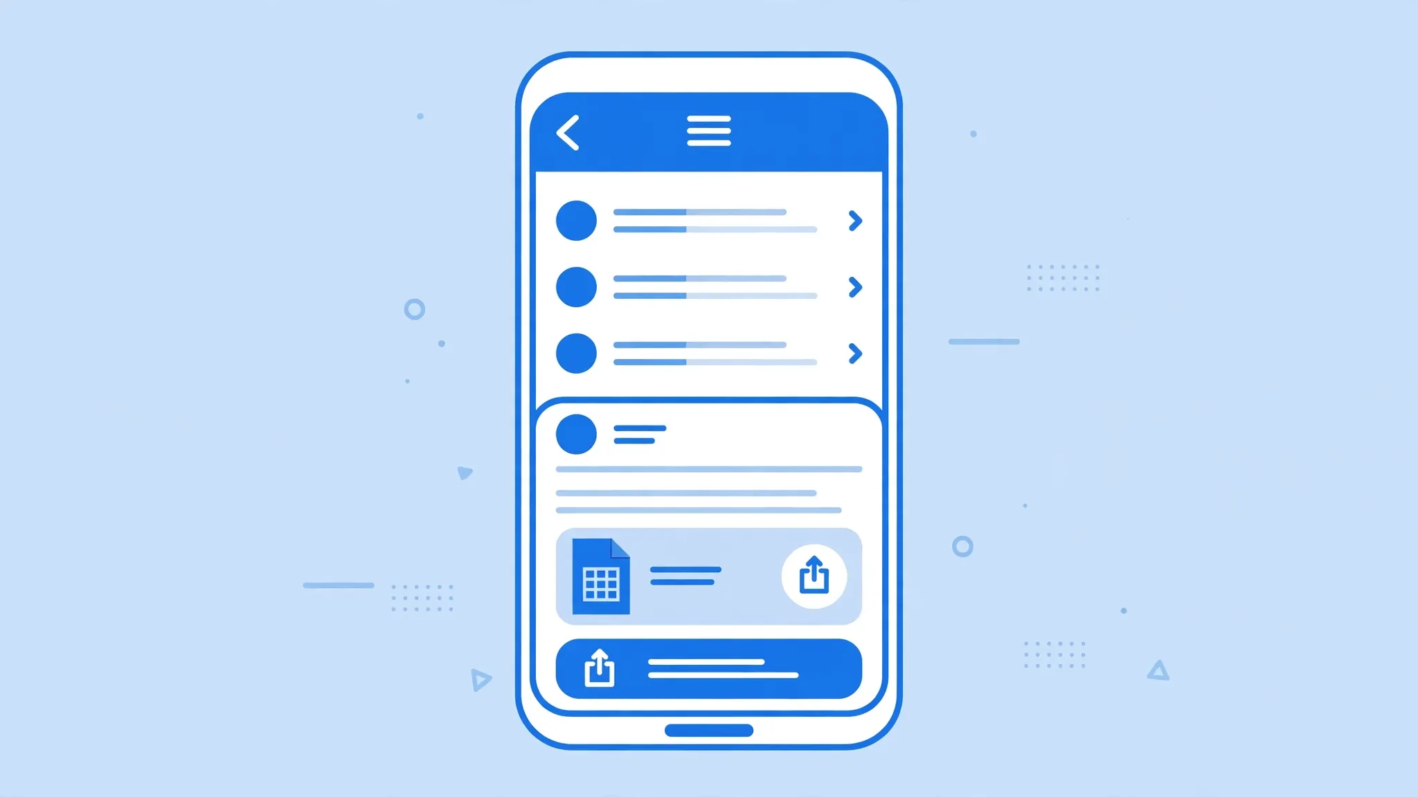 Flat vector illustration of an iPhone showing an email inbox with an open message containing a CSV file attachment