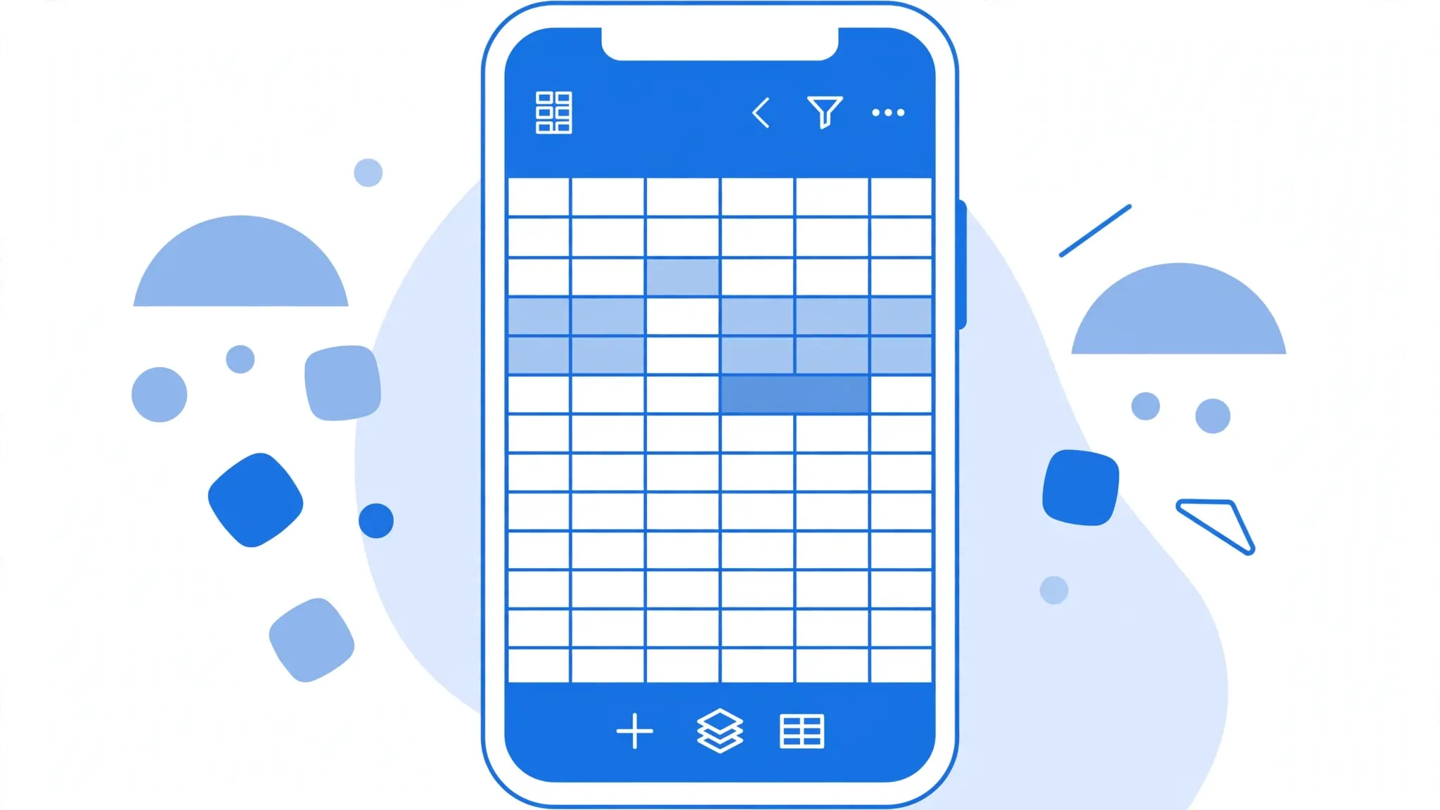 Flat vector illustration of an iPhone displaying the Microsoft Excel mobile app with a spreadsheet open