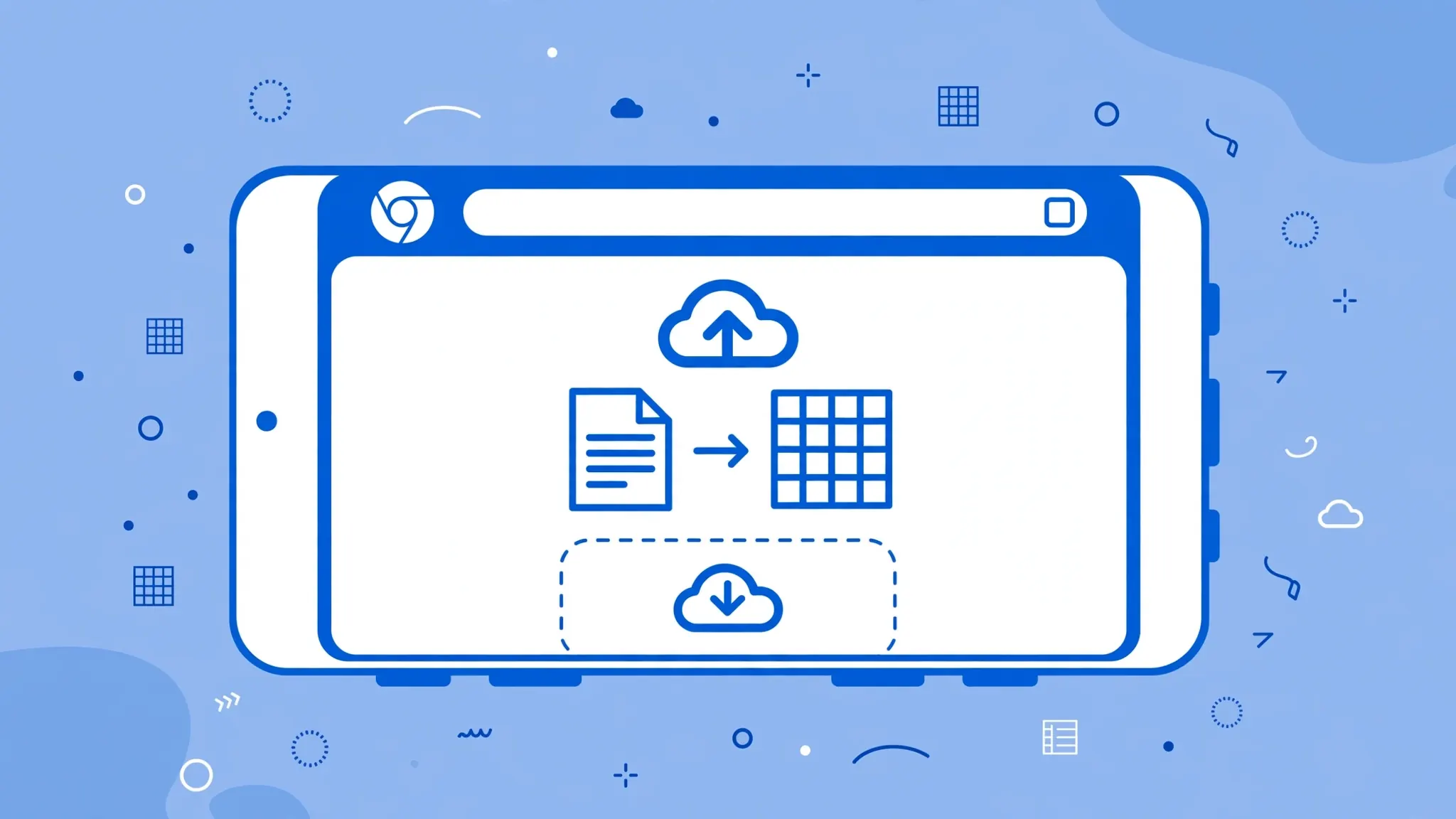 Flat vector illustration of an Android phone showing Chrome with an online CSV to Excel converter upload page
