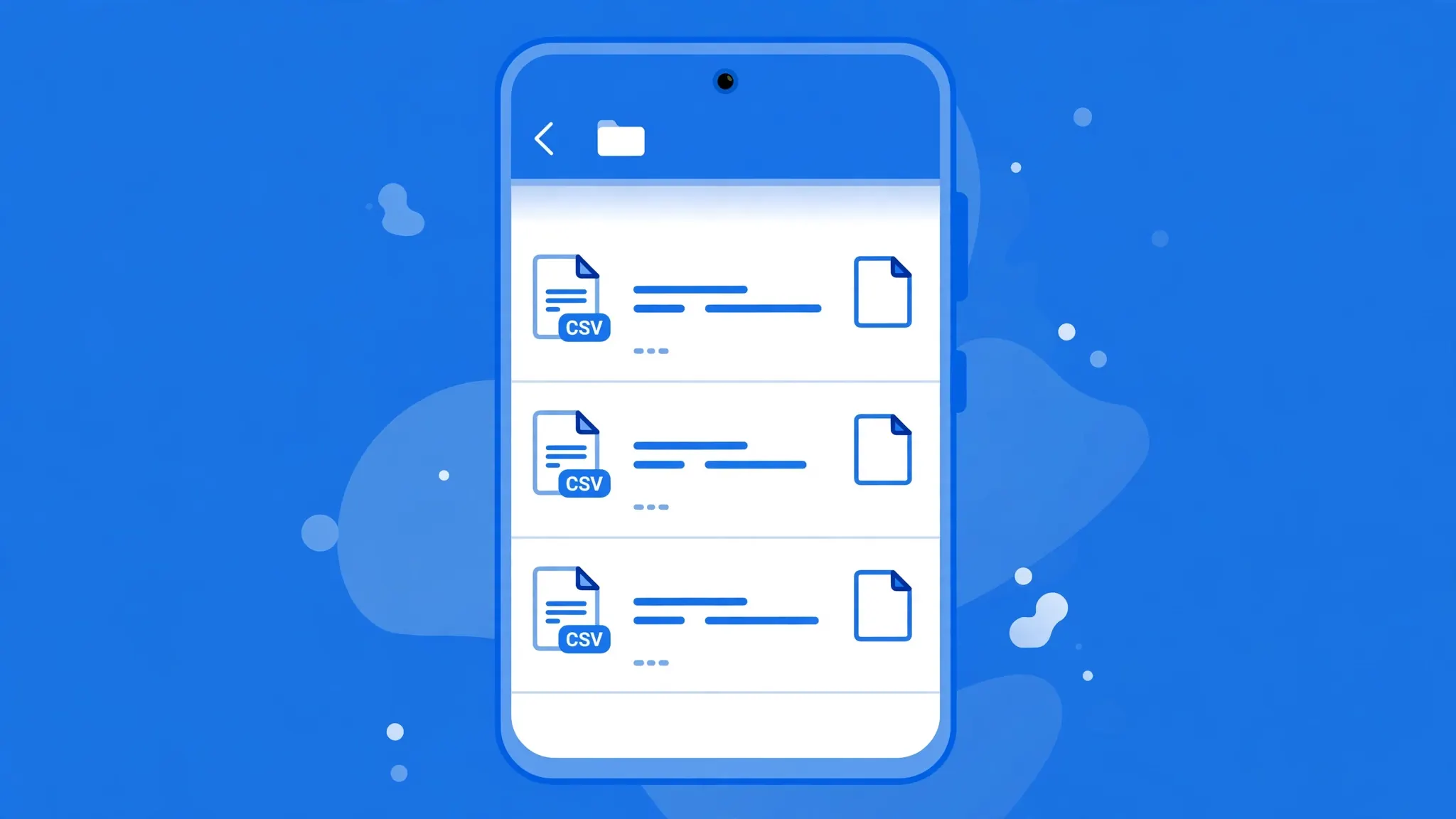 Flat vector illustration of an Android phone showing a file manager with the Downloads folder open containing CSV files
