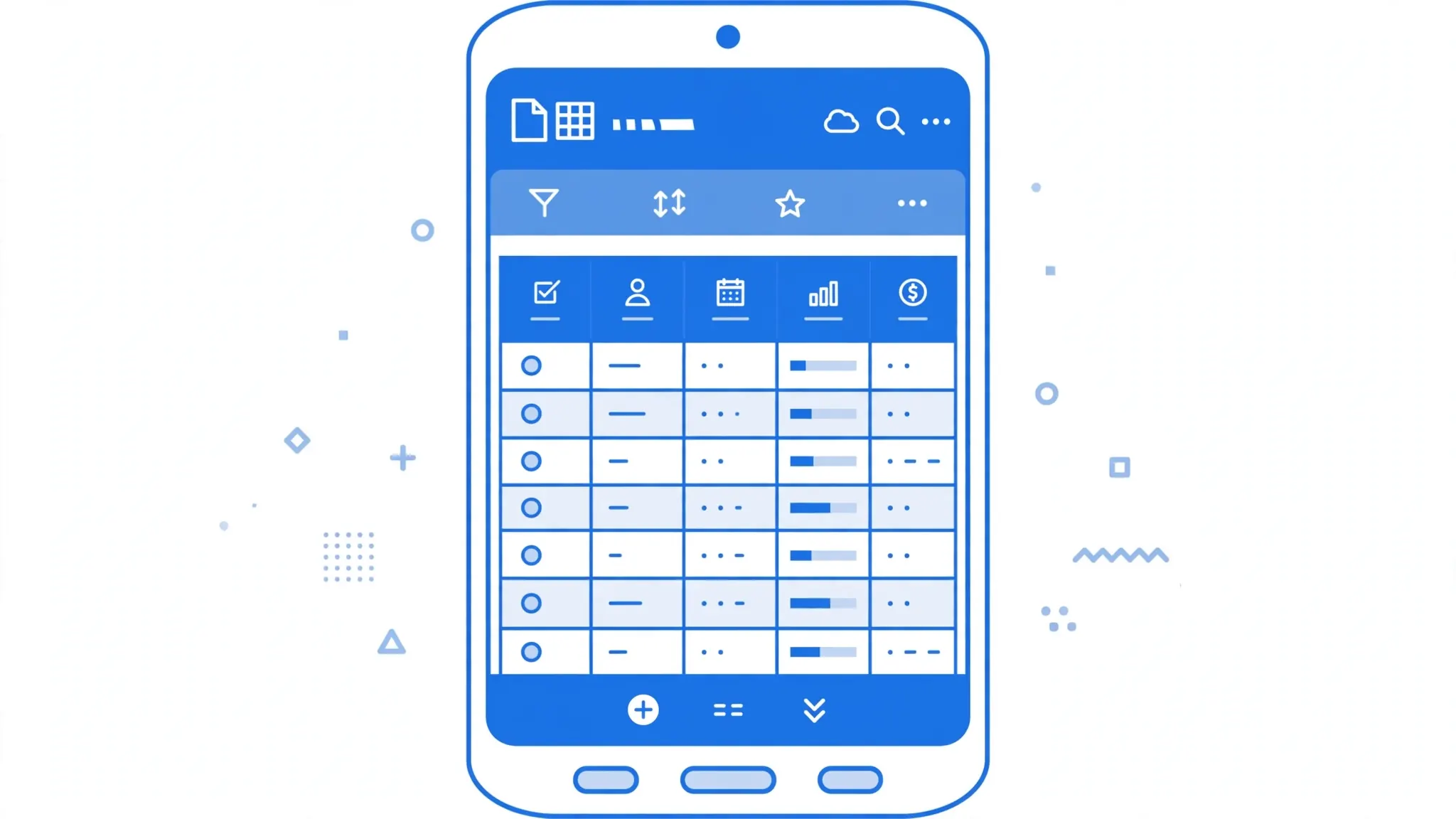Flat vector illustration of an Android phone with the WPS Office spreadsheet app open showing a data table