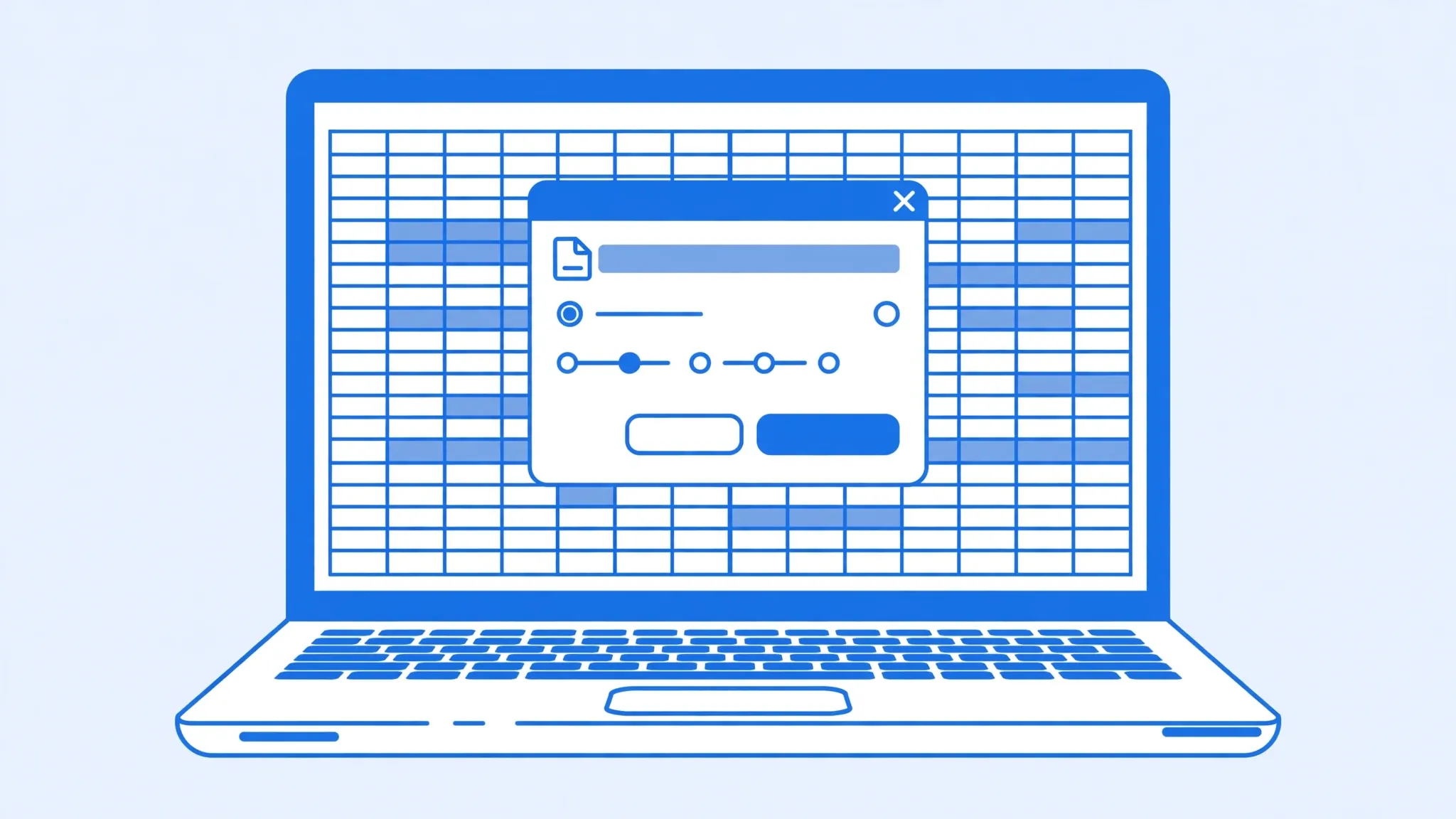 Flat vector illustration of a Windows 11 laptop showing Excel with a Text Import Wizard style dialog over a spreadsheet