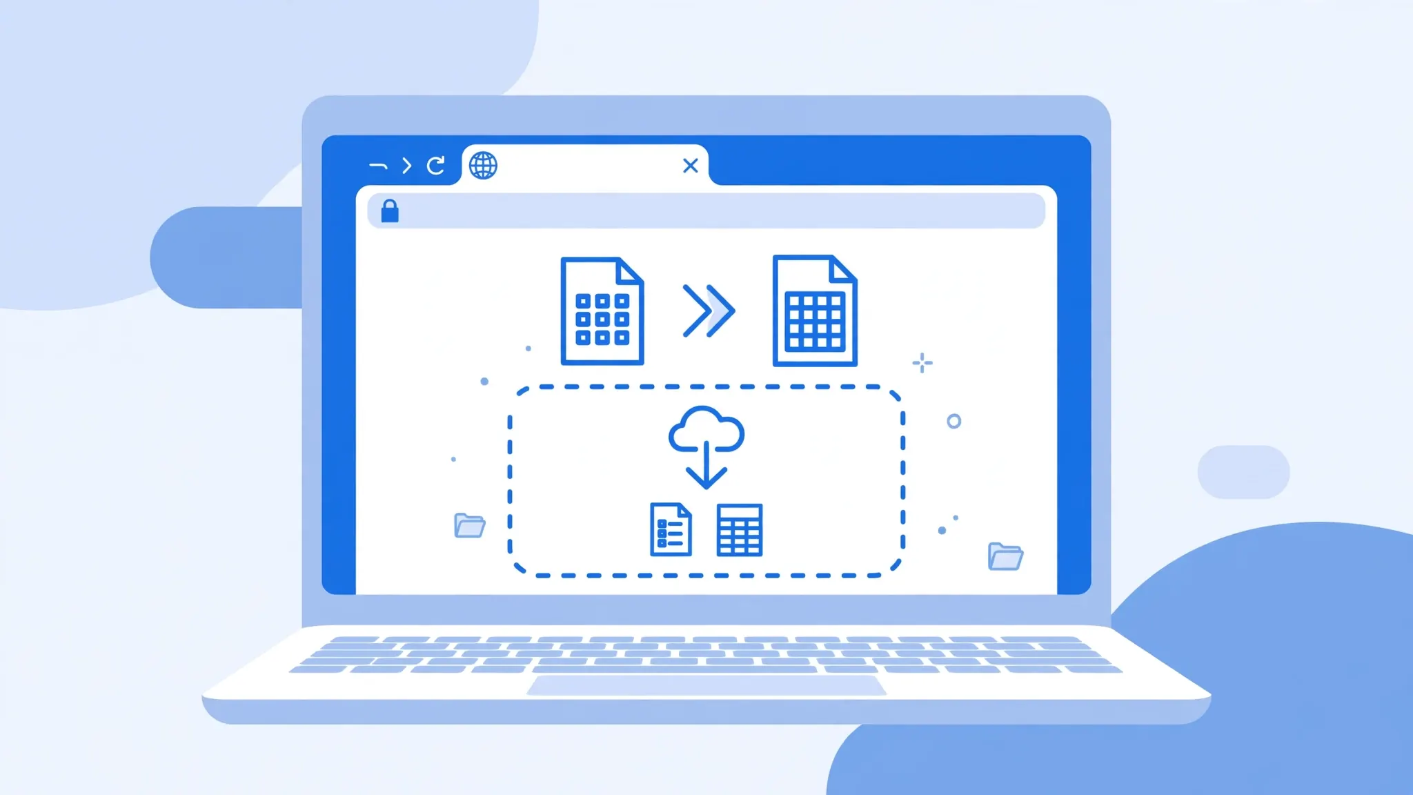 Flat vector illustration of a Windows 11 laptop with a web browser open on an online CSV to Excel converter page