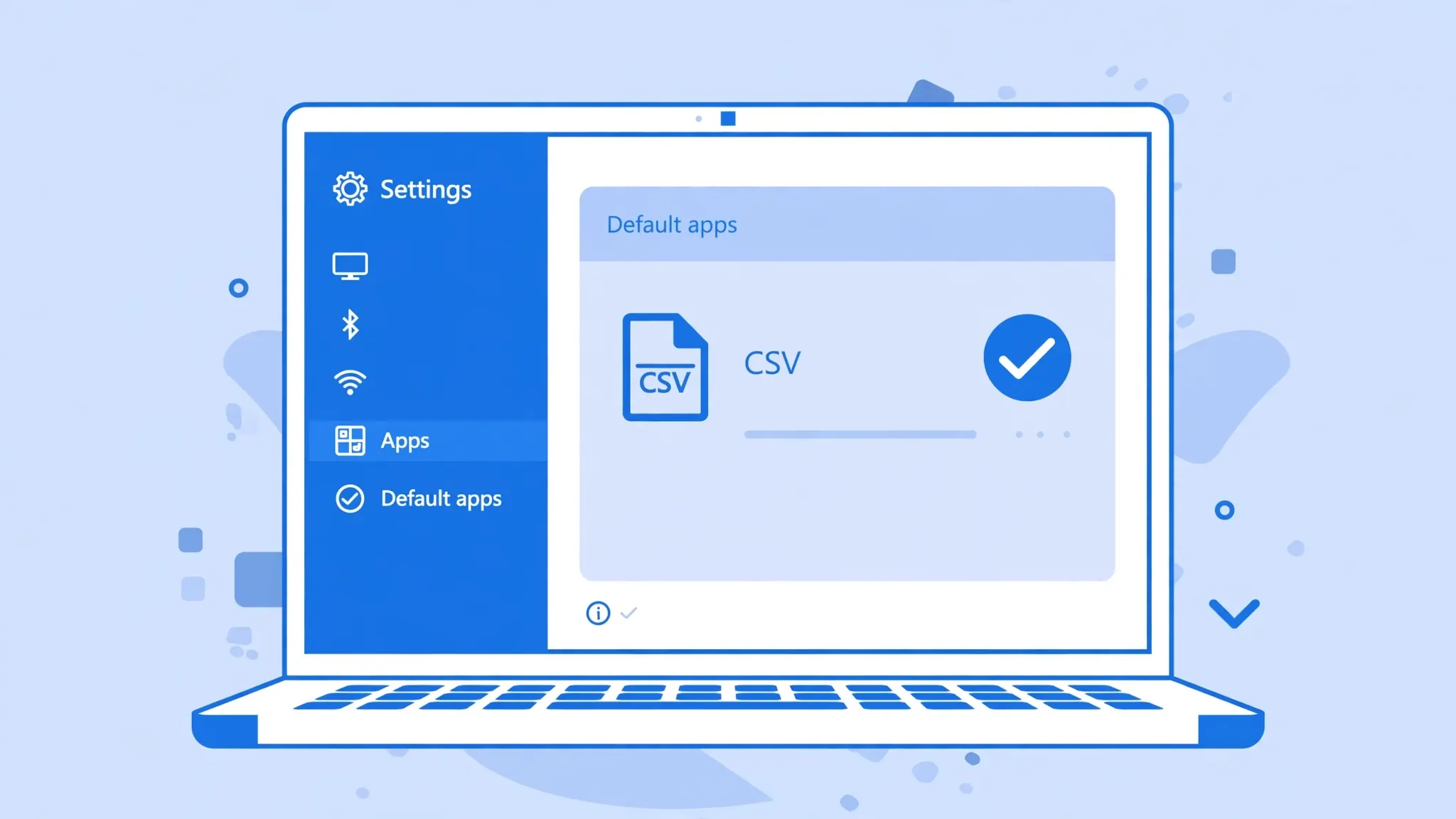 Flat vector illustration of a Windows 11 laptop showing the Settings default apps screen with a CSV file icon and checkmark