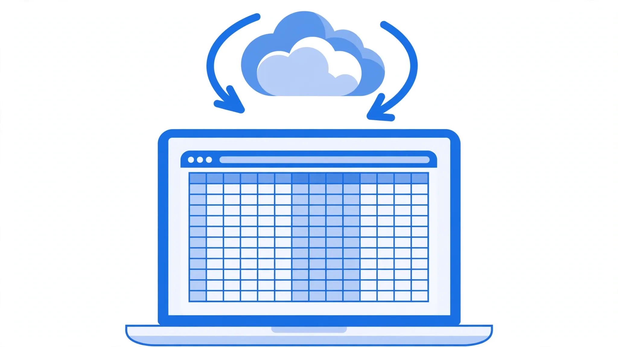 Flat vector illustration of a laptop showing Excel for the web with cloud sync arrows and a OneDrive style cloud