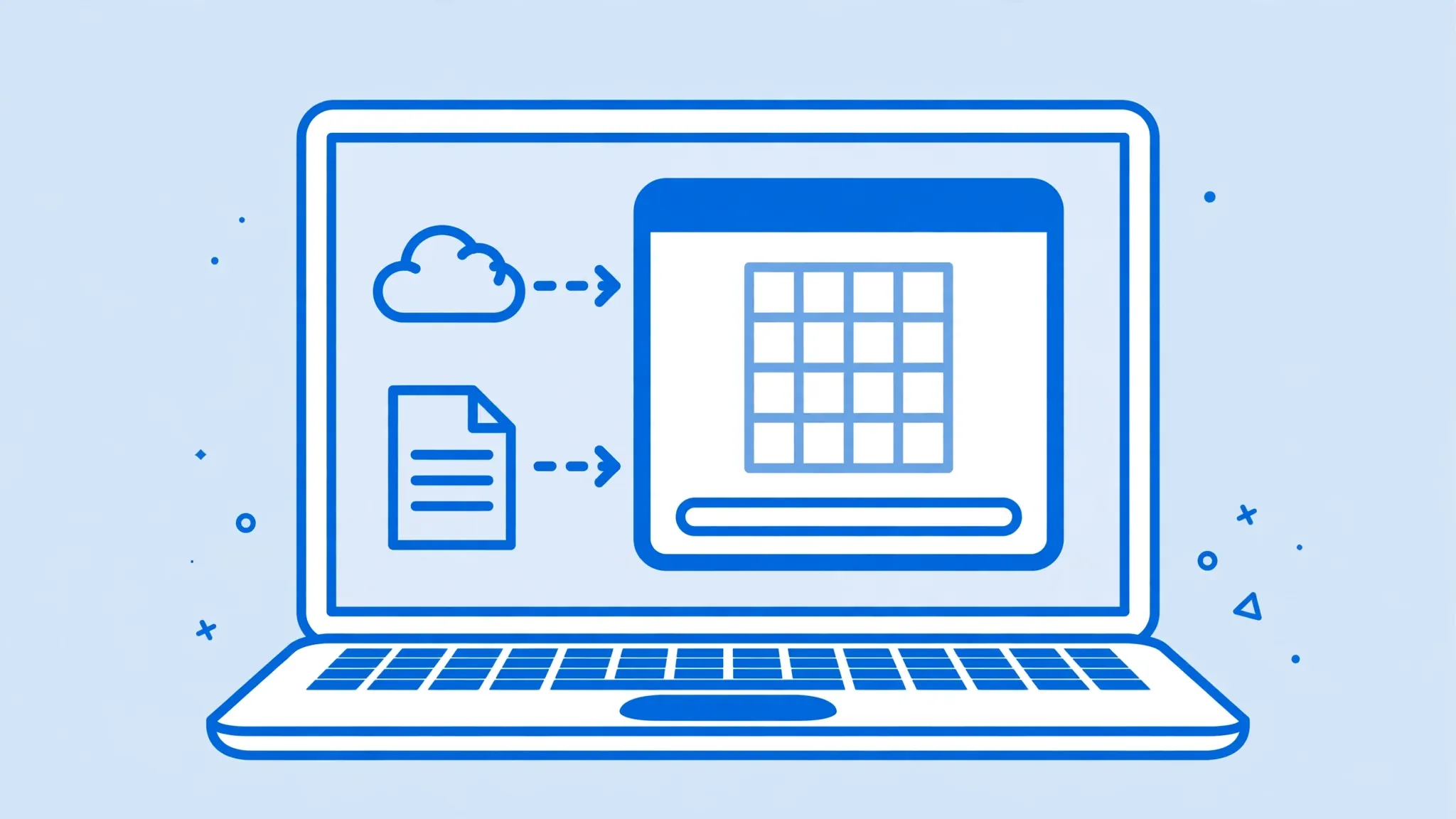 Flat vector illustration of a laptop showing a spreadsheet data import dialog with a cloud icon and CSV file feeding in
