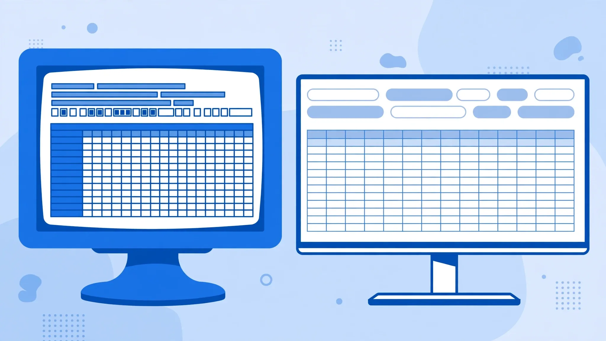 Flat vector illustration of two monitors showing an old classic Excel interface and a modern Excel interface side by side