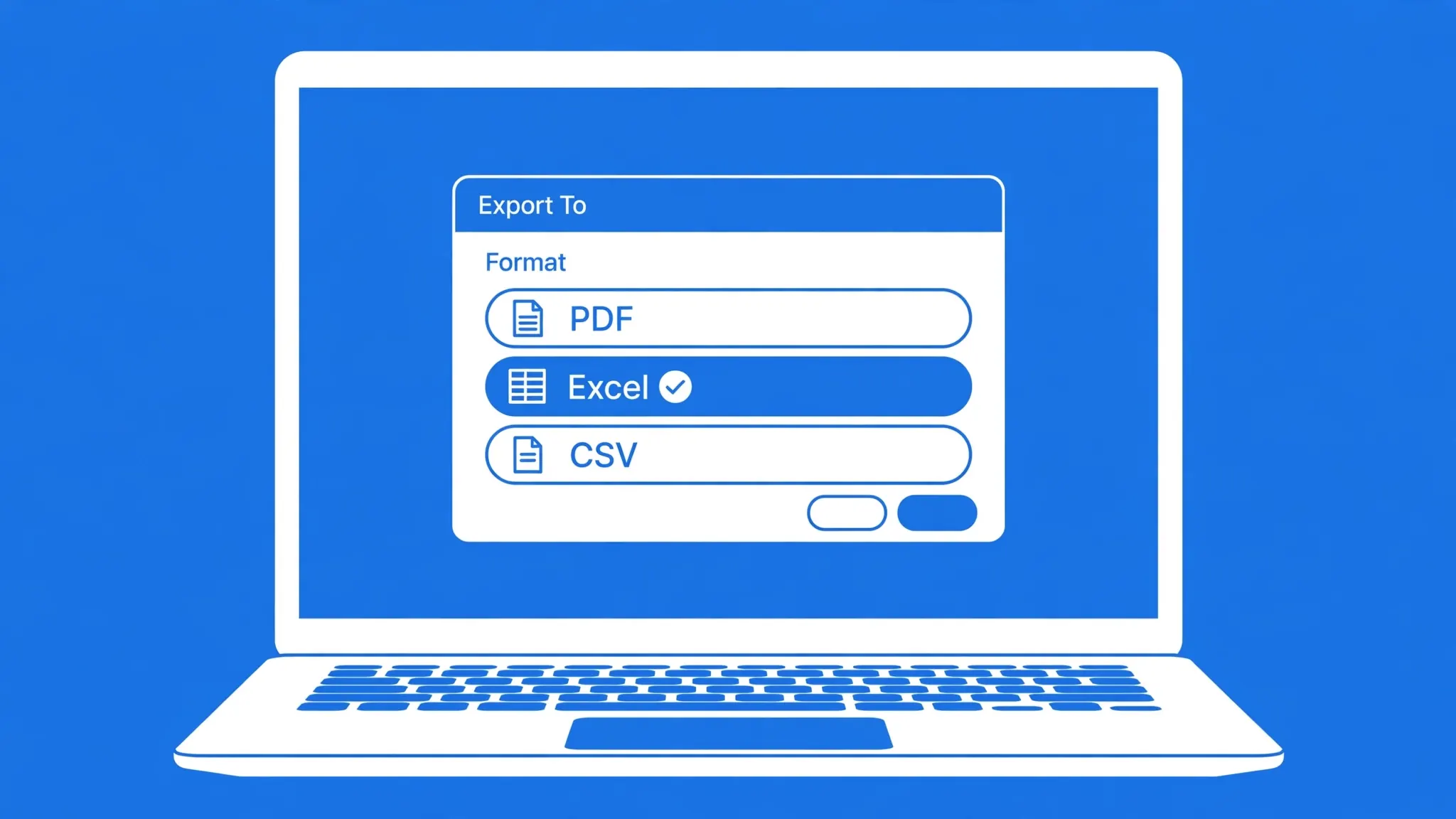 Flat vector illustration of a MacBook screen showing a Numbers export dialog with the Excel format option highlighted