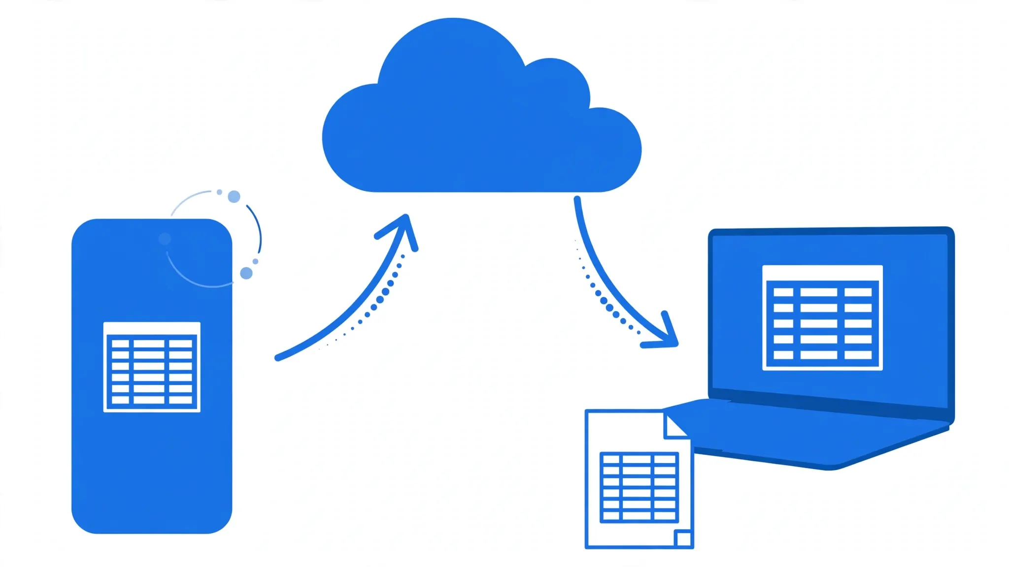 Flat vector illustration of an iPhone syncing a Numbers document to an iCloud cloud that sends an Excel file to a MacBook