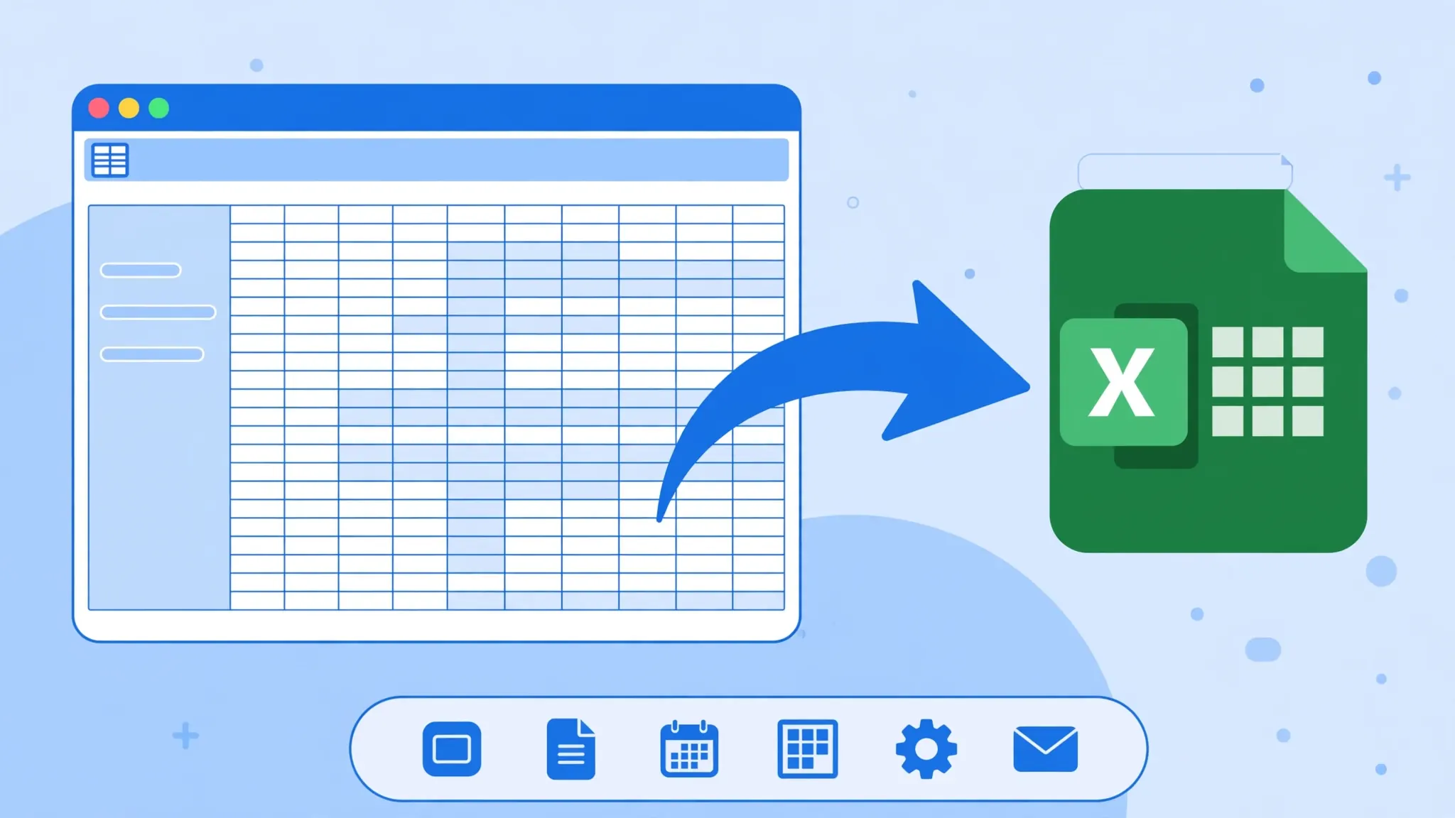 Flat vector illustration of a Mac desktop with Apple Numbers tables and an arrow converting a Numbers file into an Excel file