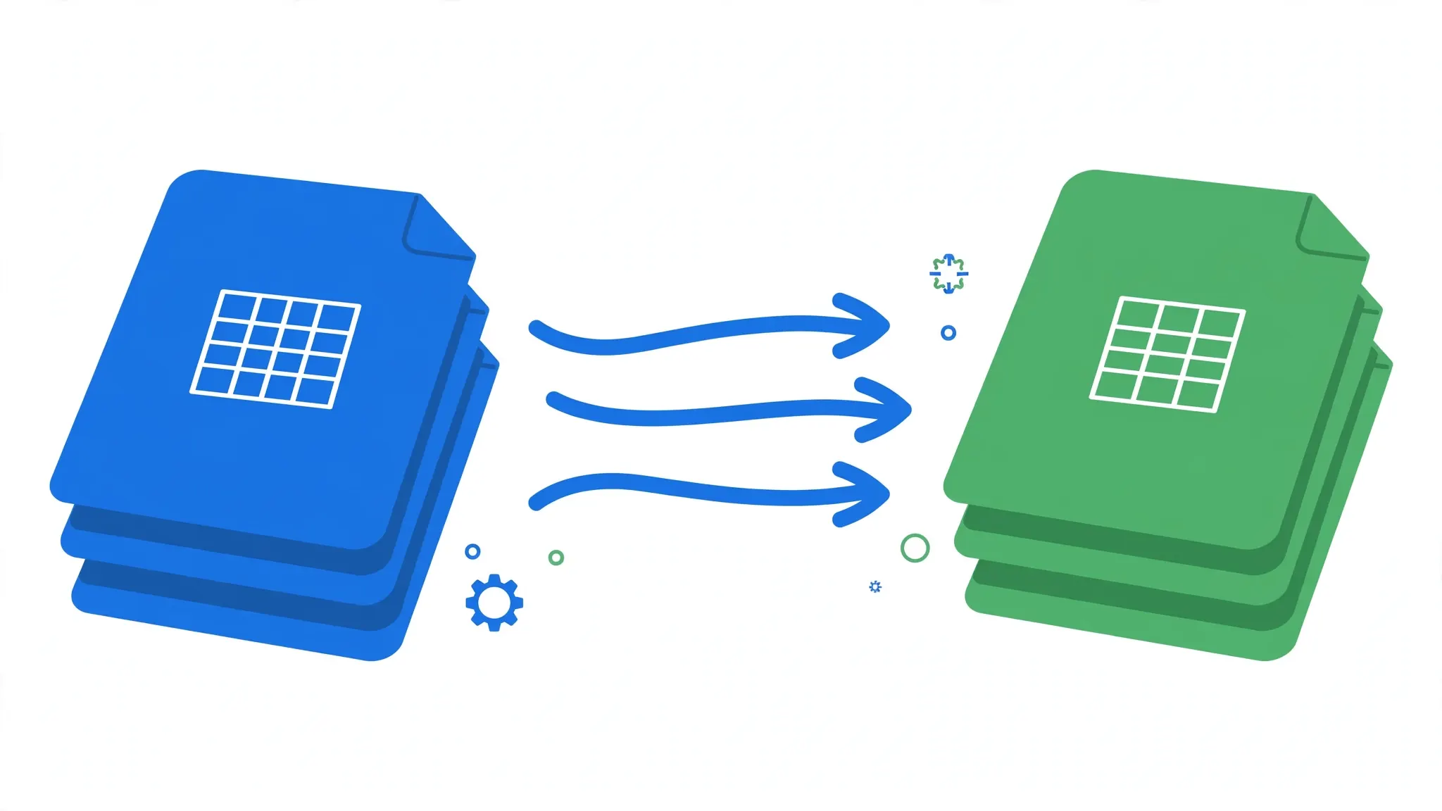 Flat vector illustration of a stack of ODS document files with arrows converting into Excel XLSX files
