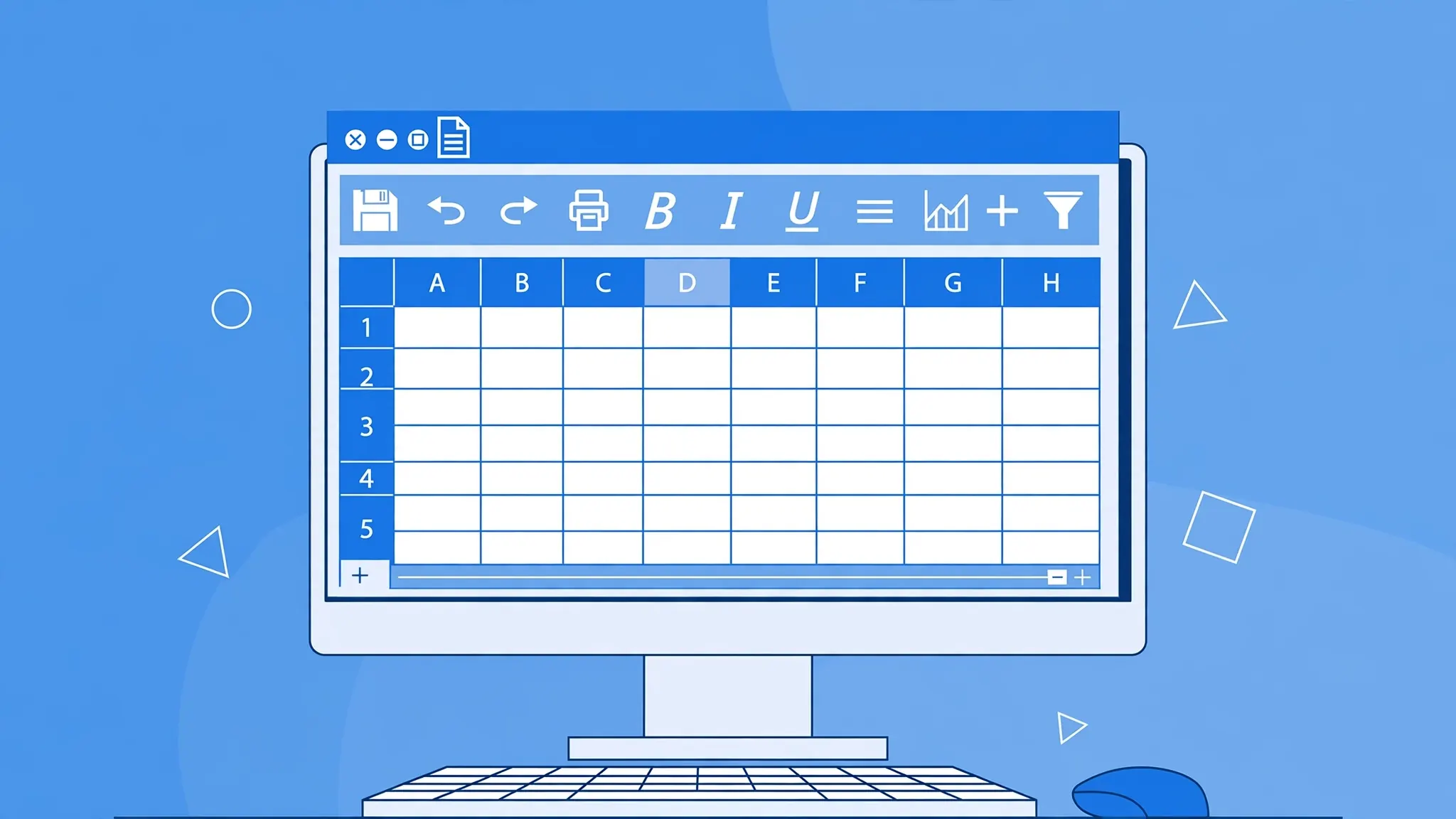 Flat vector illustration of a desktop computer with a LibreOffice style office suite window showing a spreadsheet