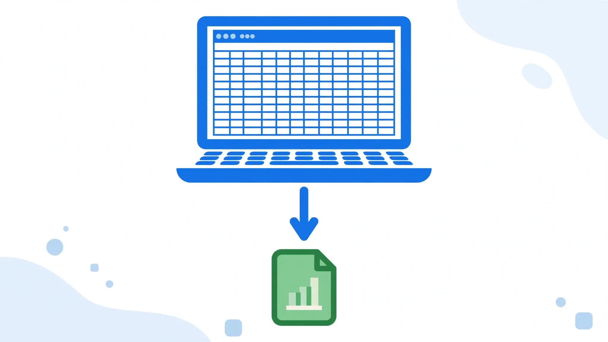 Flat vector illustration of a laptop showing a Google Sheets spreadsheet with a download arrow pointing to an Excel file