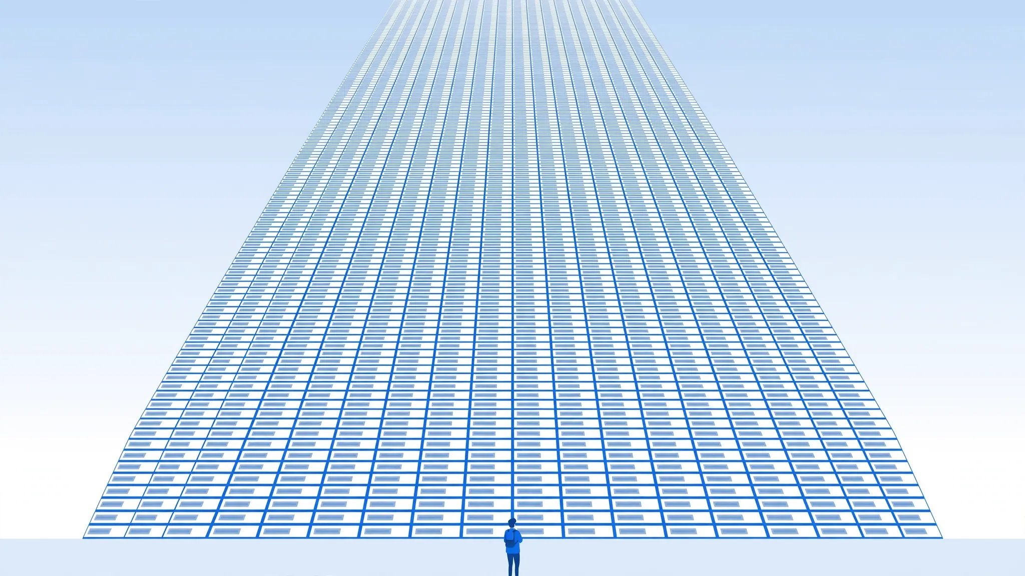 Towering wall of millions of database rows representing a huge CSV dataset tamed by chunked conversion