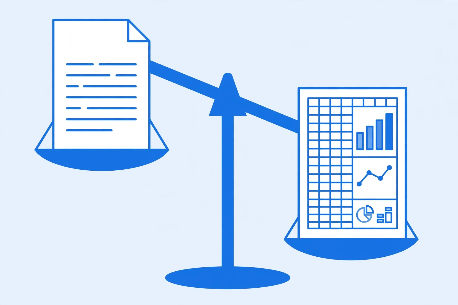 A balance scale comparing a plain CSV text document against a feature-rich XLSX spreadsheet