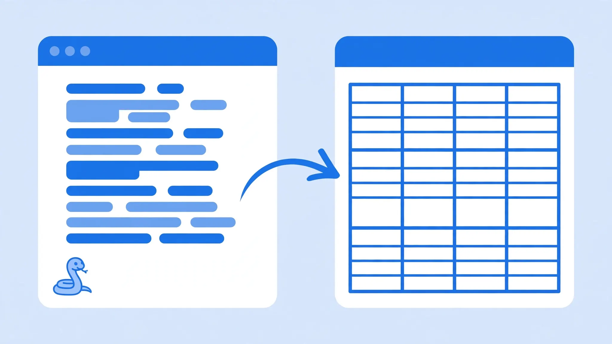 A Python code editor connected by an arrow to a finished Excel spreadsheet