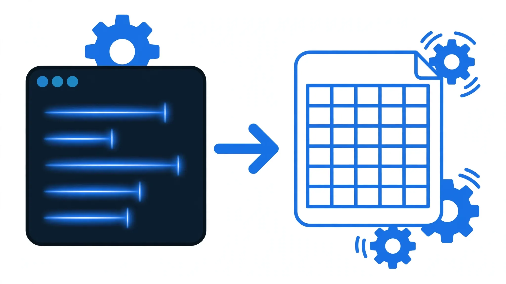 A terminal command window with automation gears converting a CSV into an Excel spreadsheet