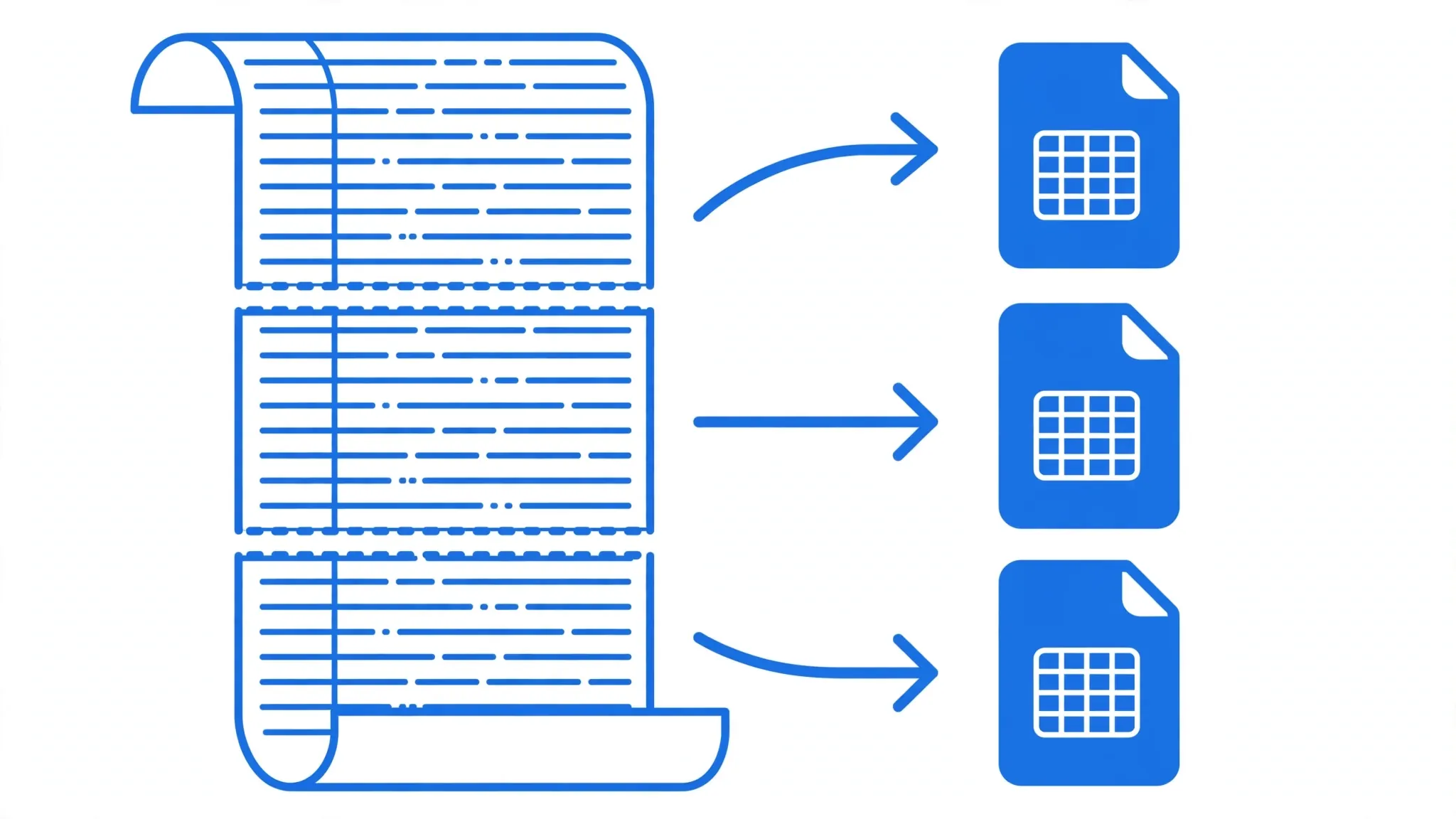 A long CSV scroll being sliced into equal row-count chunks, each becoming its own Excel file