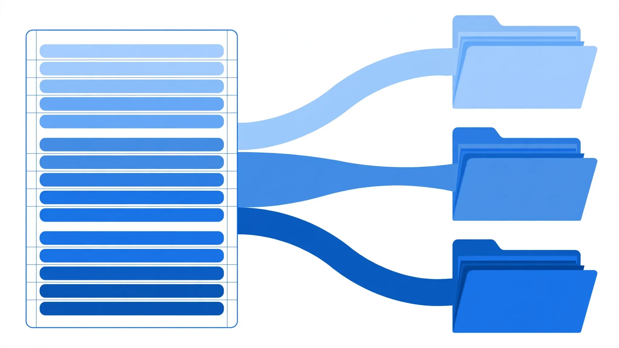Spreadsheet rows color-coded by category flowing into separate folders, one file per group value