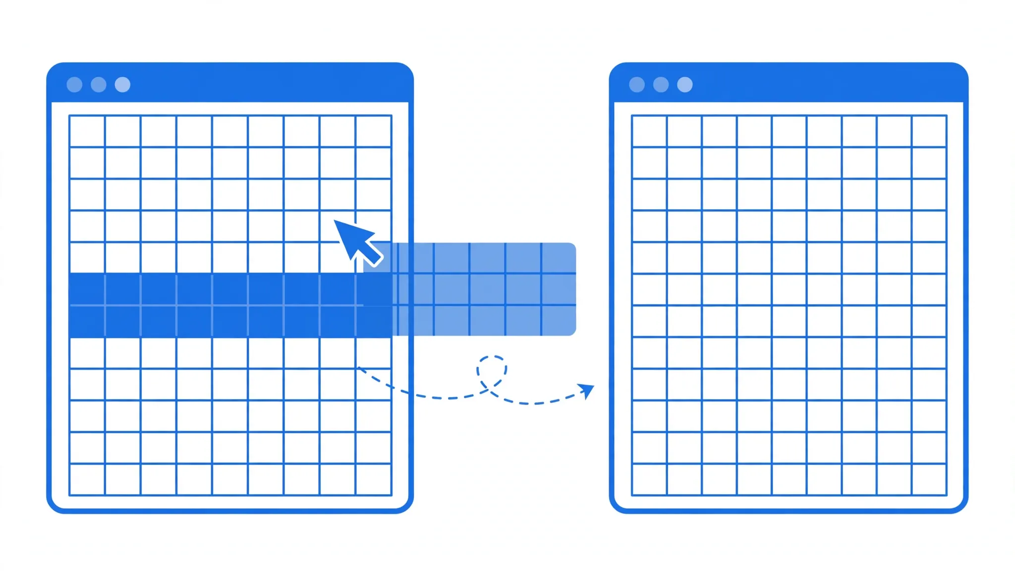 A cursor dragging a selected block of spreadsheet rows into a new workbook window