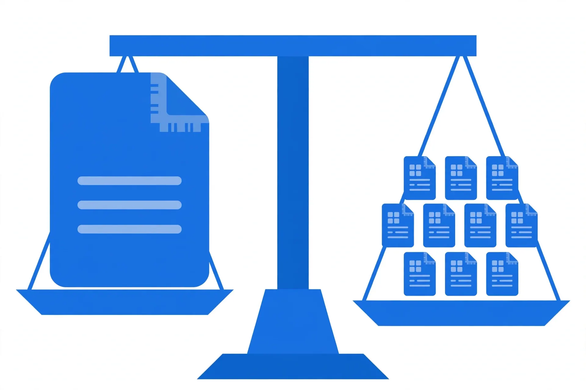 A balance scale weighing one large CSV file against many small Excel files