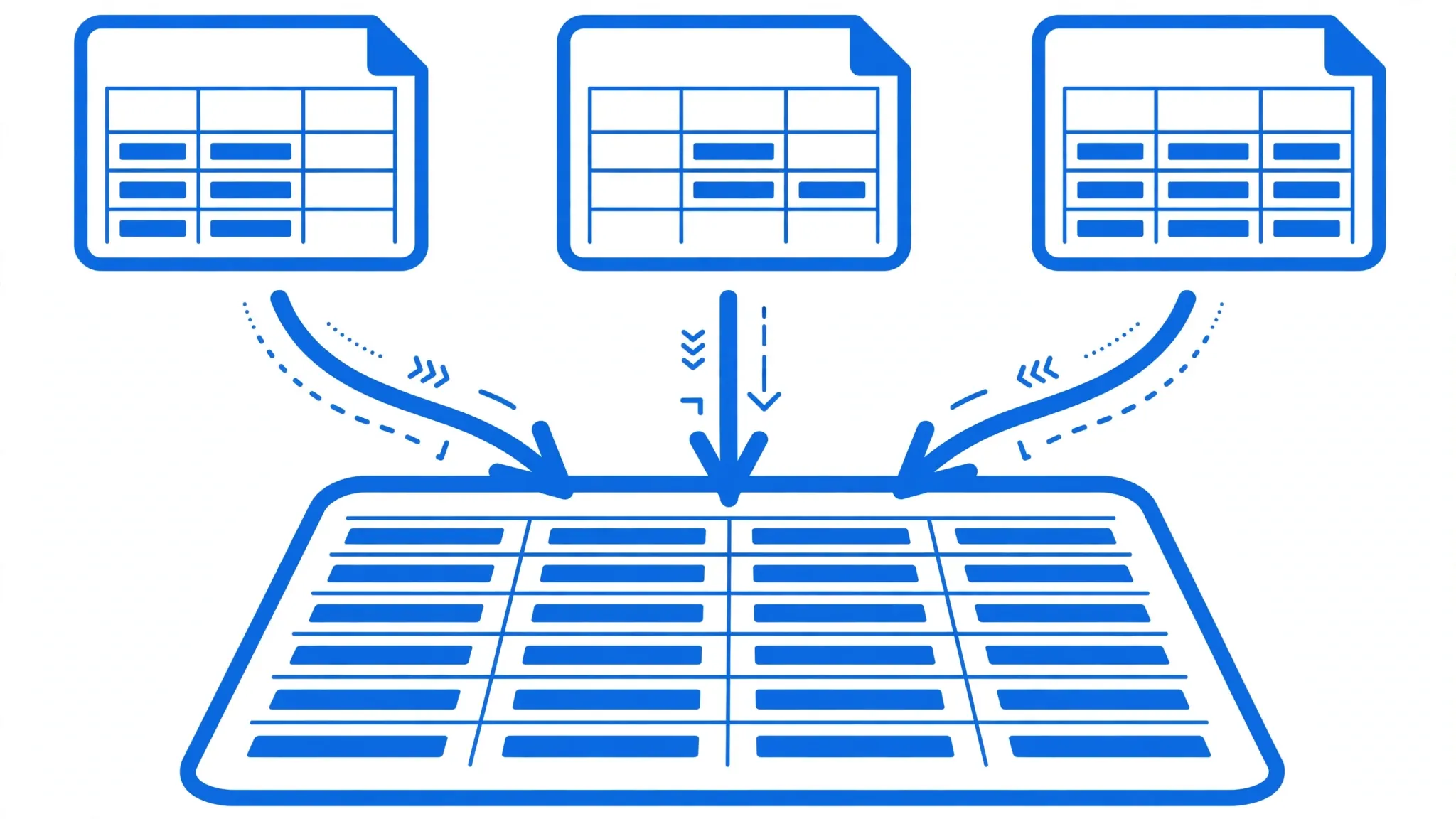 Data rows being lifted from several small spreadsheets and pasted into one large master spreadsheet