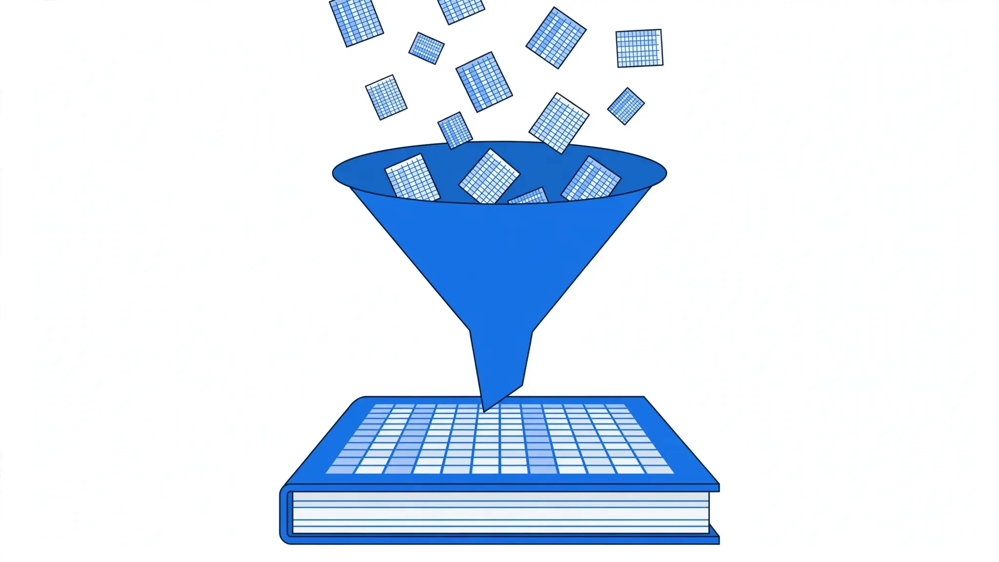 A funnel collecting many small spreadsheet sheets and pouring out one complete Excel workbook