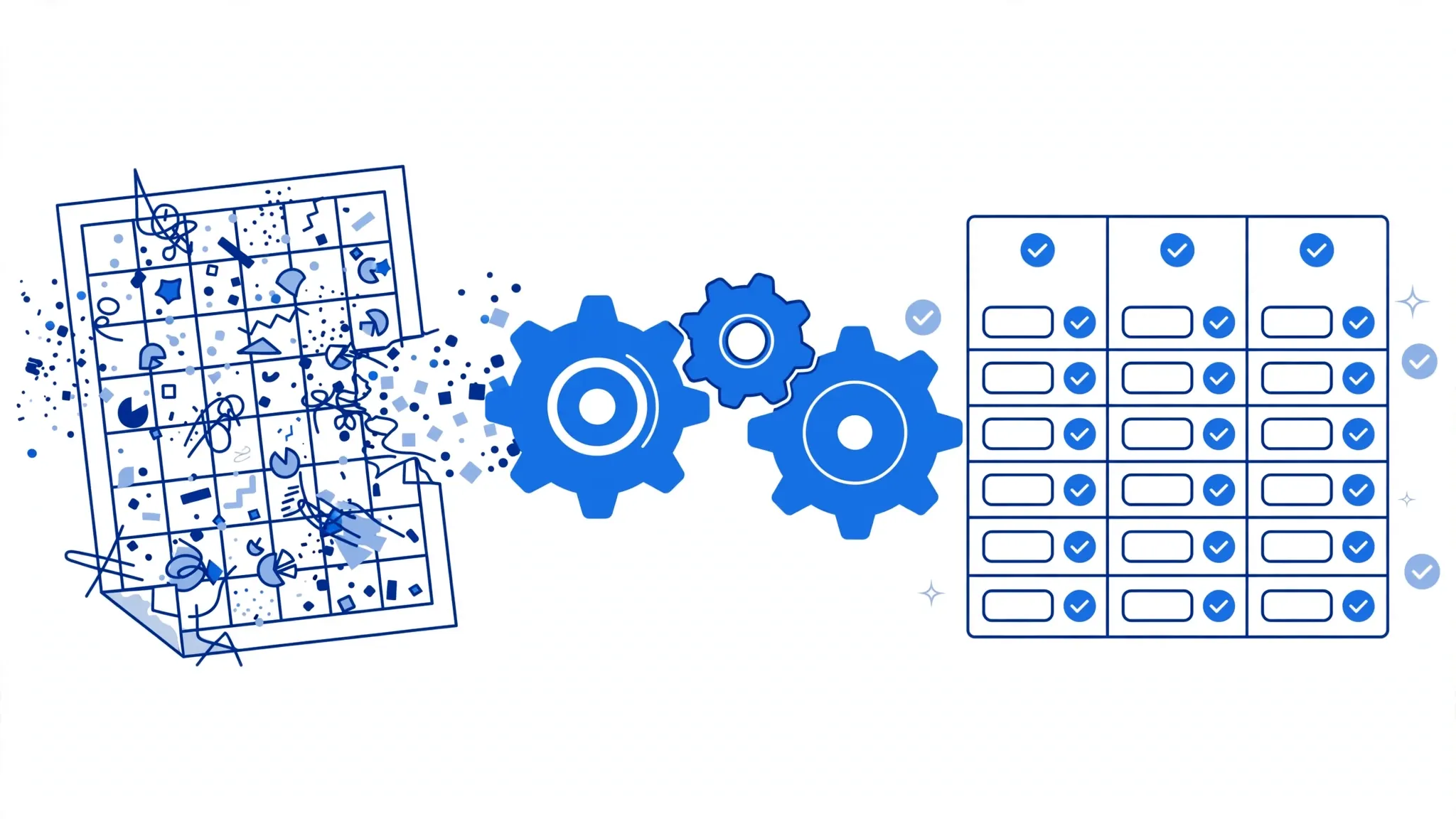 Messy raw CSV data entering gears and emerging as clean typed columns with checkmarks