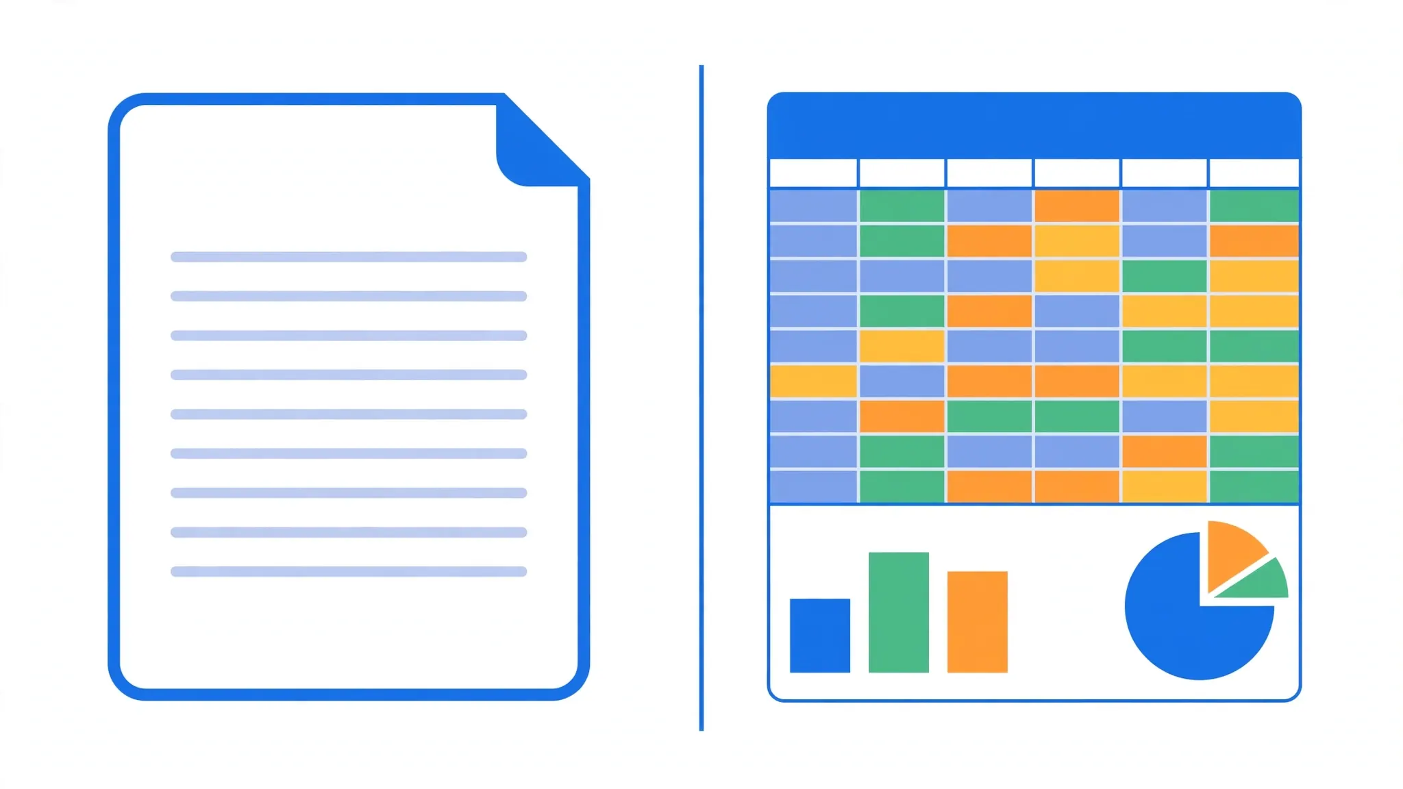 A plain unformatted text document beside a colorful formatted spreadsheet with charts