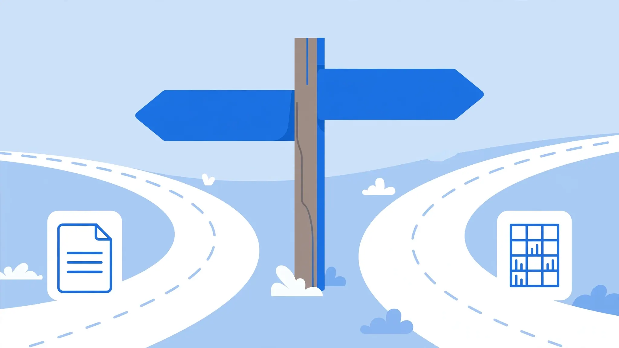 A signpost at a fork in the road pointing one way to a CSV icon and the other to an XLSX icon