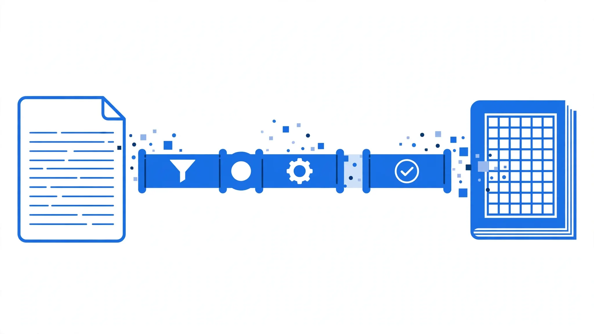 CSV data rows flowing through connected pipeline segments into a polished Excel workbook