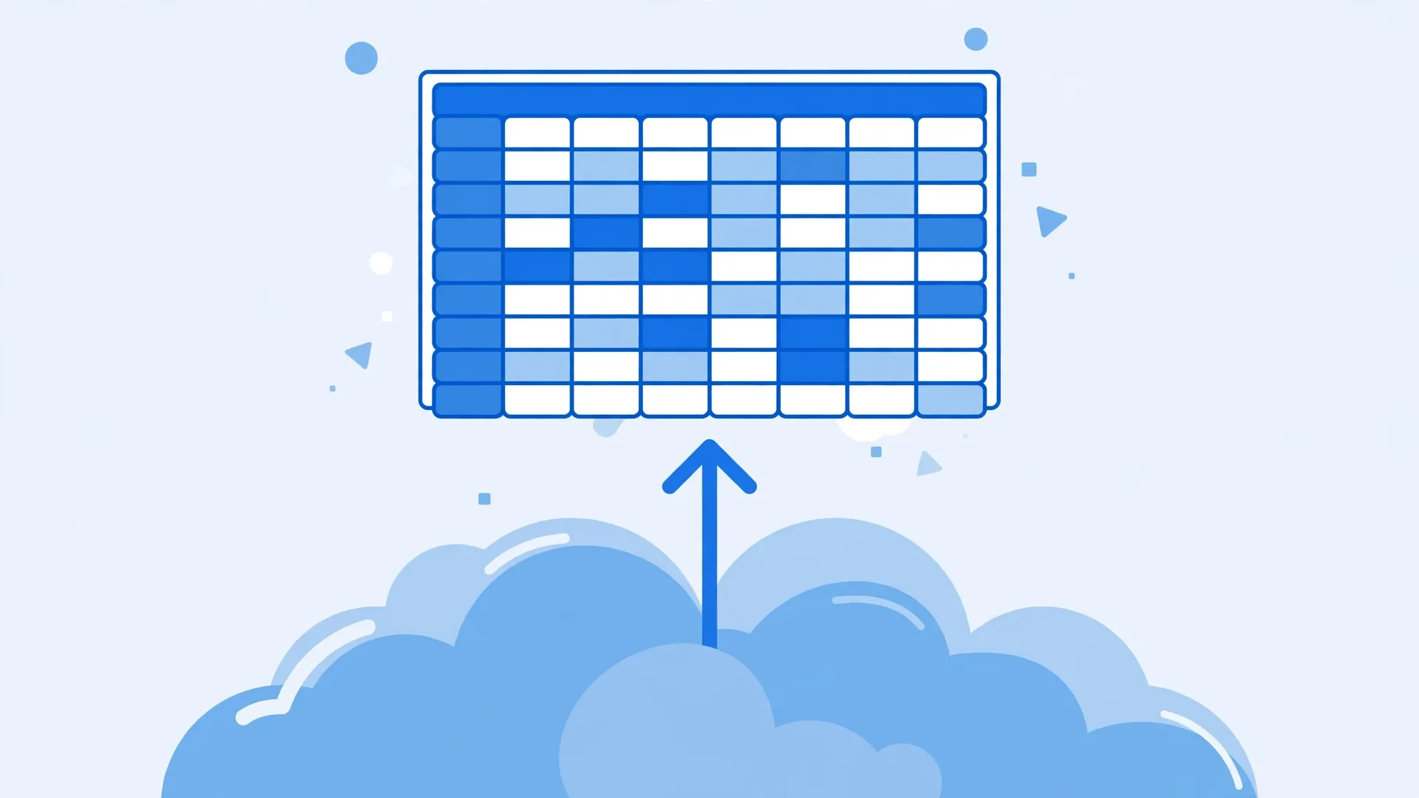 Colorful spreadsheet grid floating over a cloud with an upload arrow, symbolizing CSV import to Google Sheets