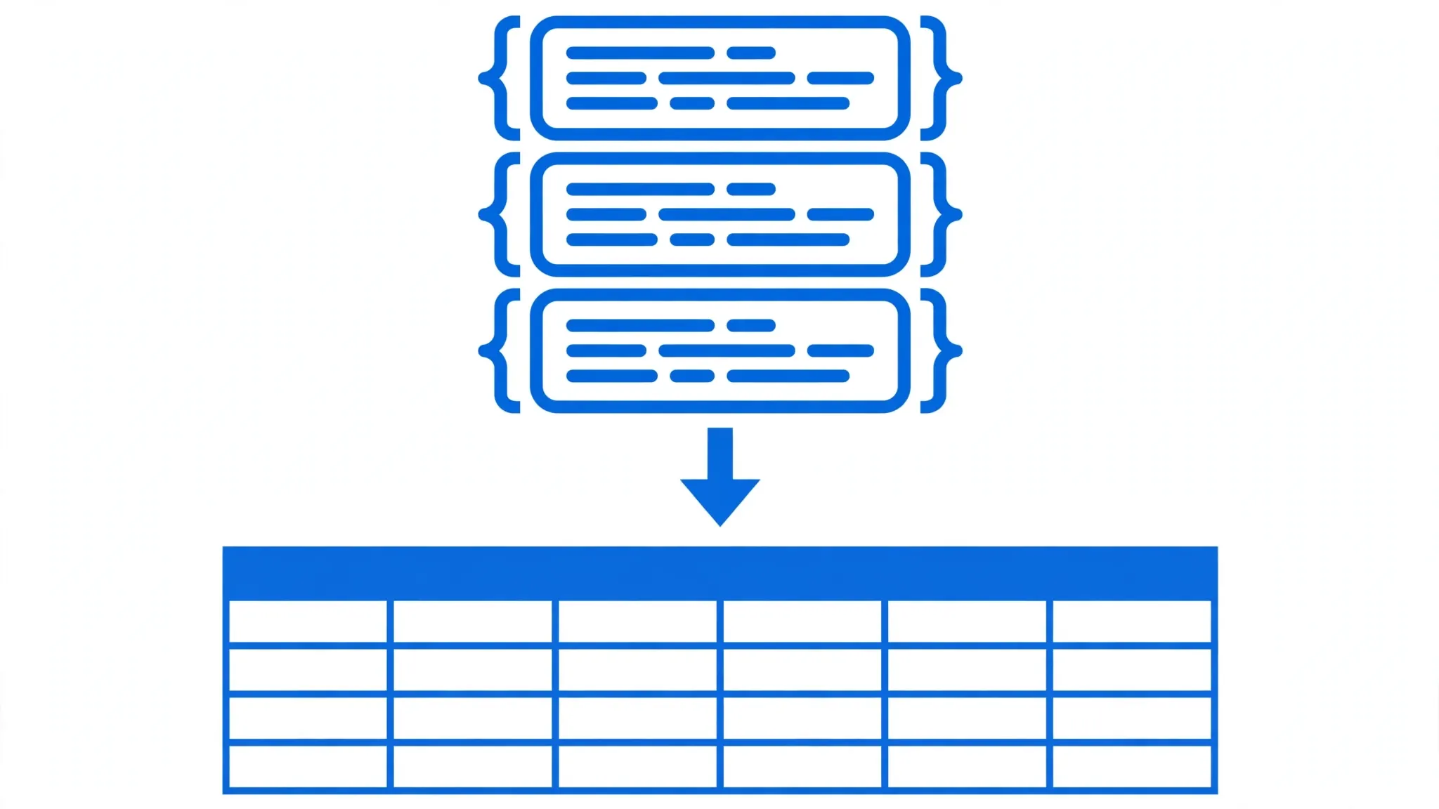 Stack of JSON record blocks built from curly braces flowing into spreadsheet rows