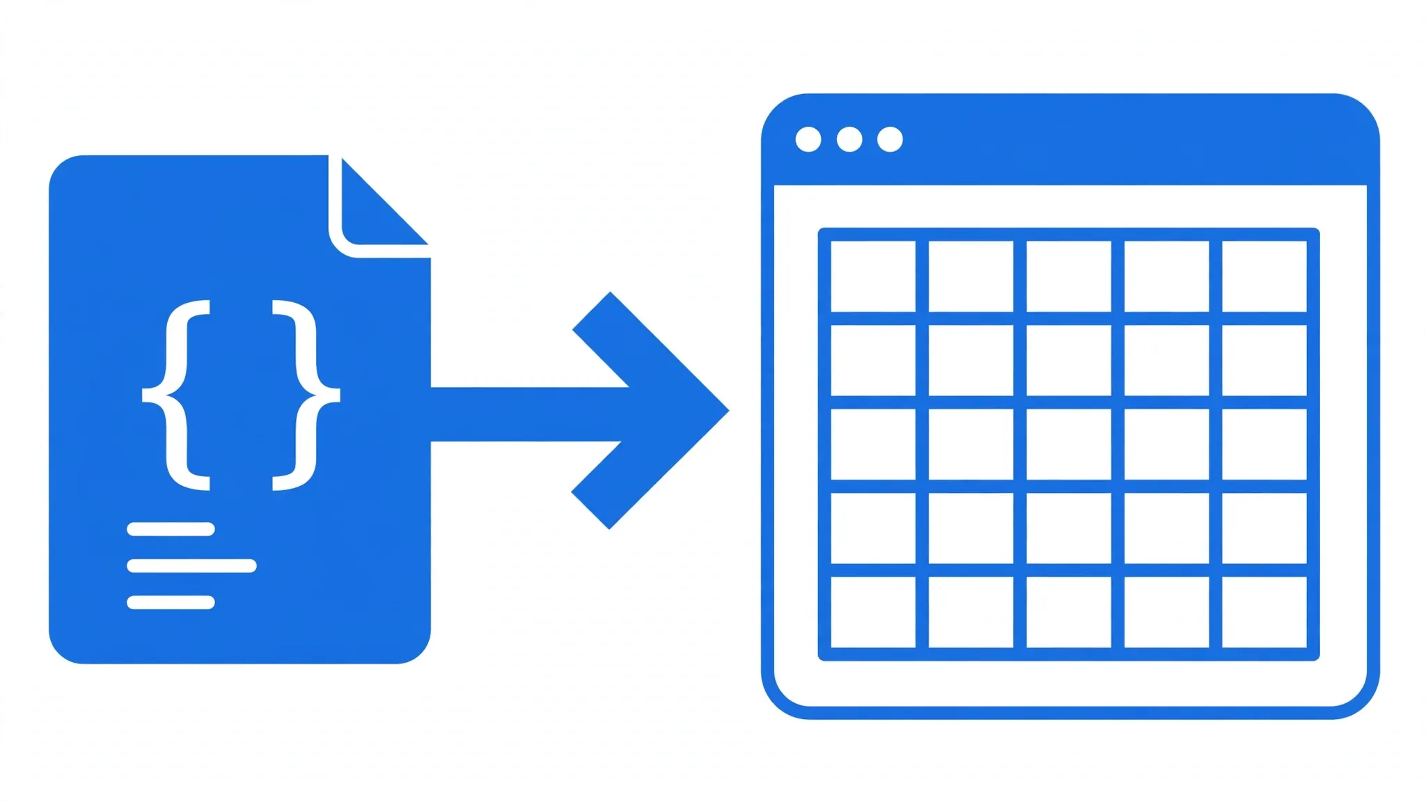 Illustration of a JSON document icon with curly braces being imported into a spreadsheet application window