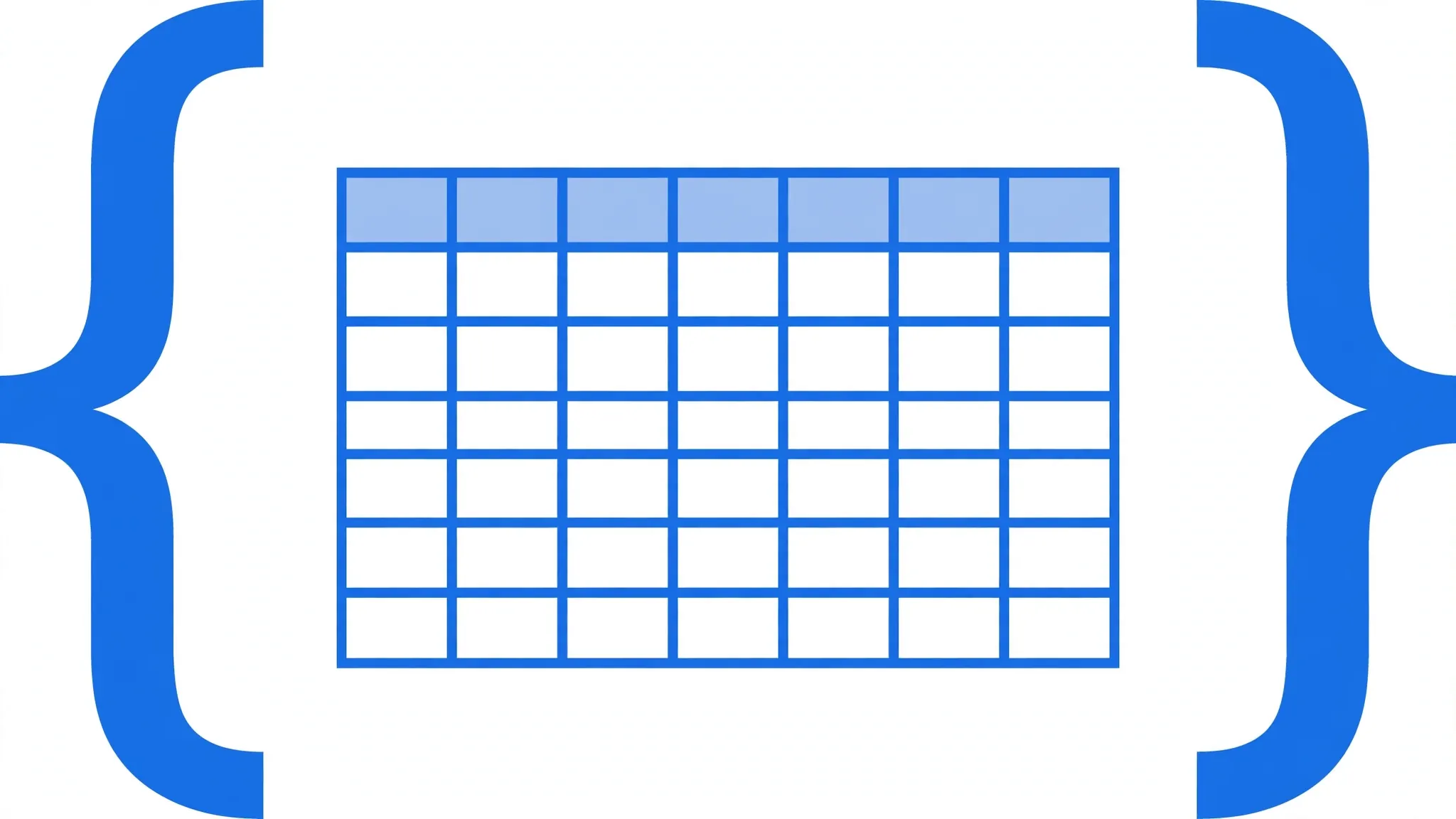 Large JSON curly braces opening wide to reveal a structured spreadsheet grid inside