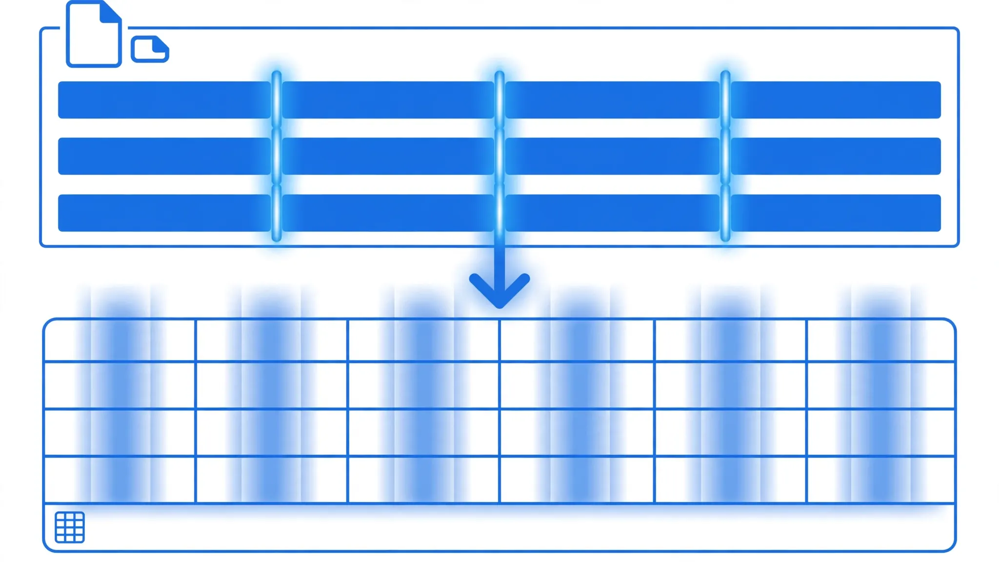 Tab-separated data rows with glowing tab separators aligning into a blue spreadsheet grid