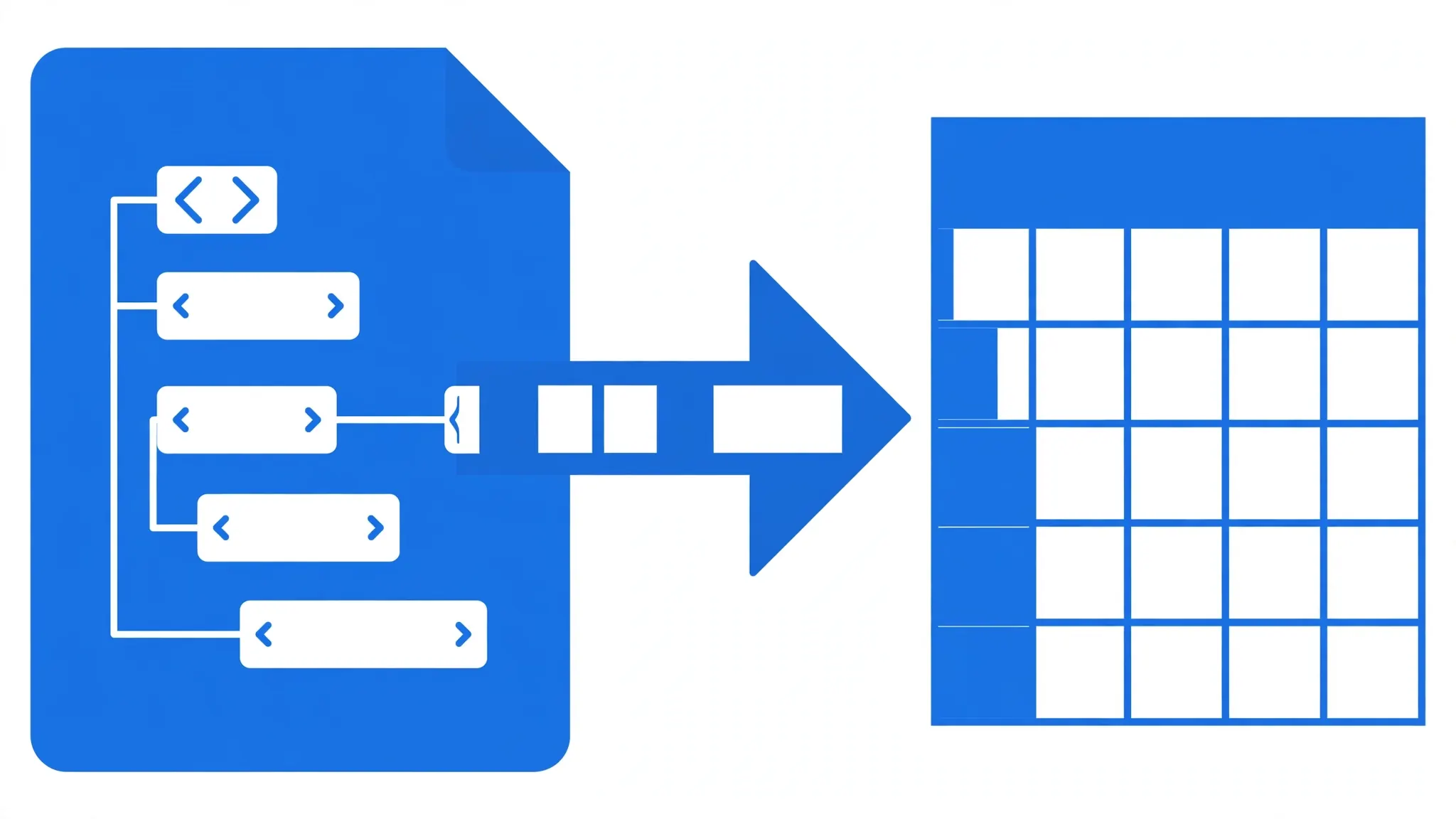 XML document page with nested angle-bracket tag blocks flowing into a tidy spreadsheet grid