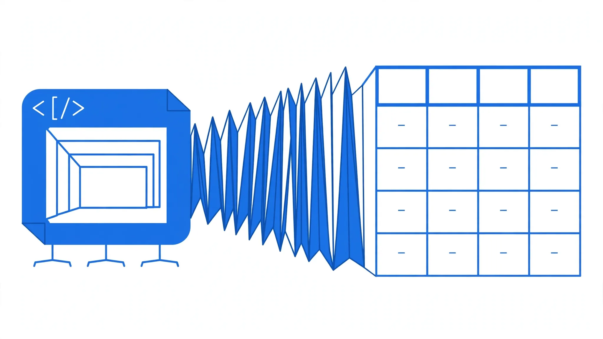 Nested XML tag blocks unfolding like an accordion into a flat spreadsheet table