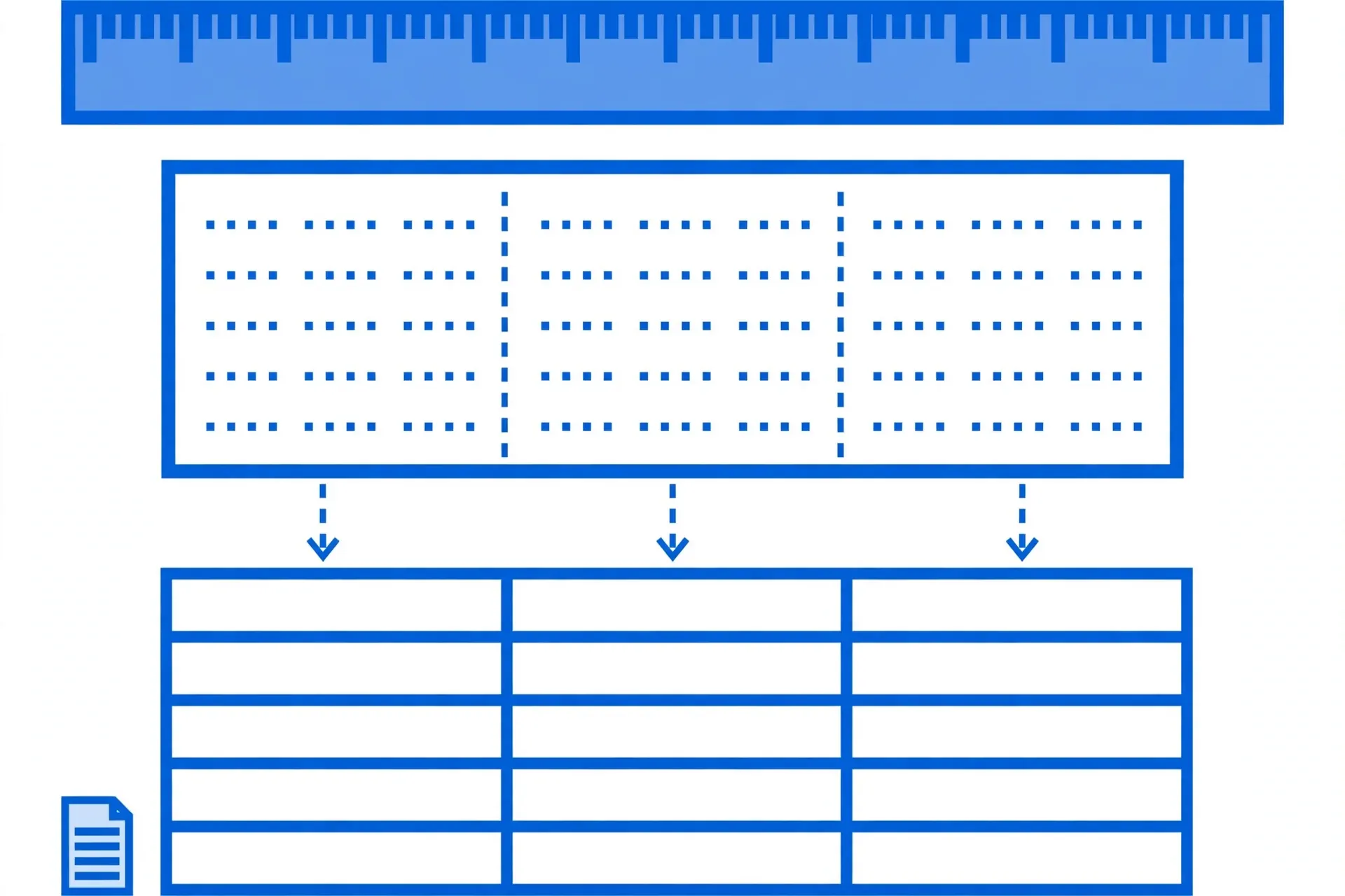 Fixed-width plain text block with a measurement ruler and vertical slice guides cutting columns into a spreadsheet