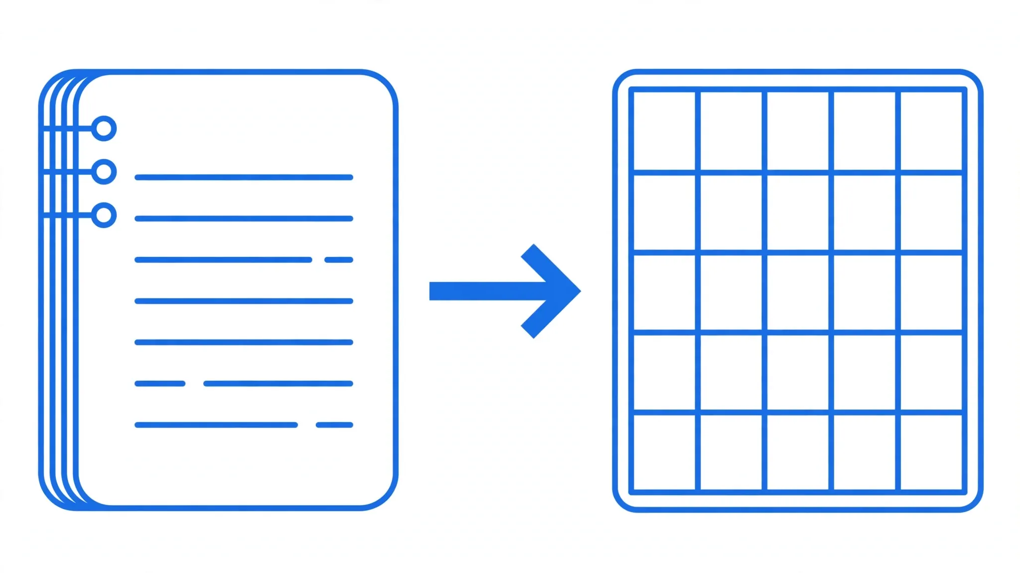 Notepad-style plain text document with line glyphs flowing into a structured blue spreadsheet grid