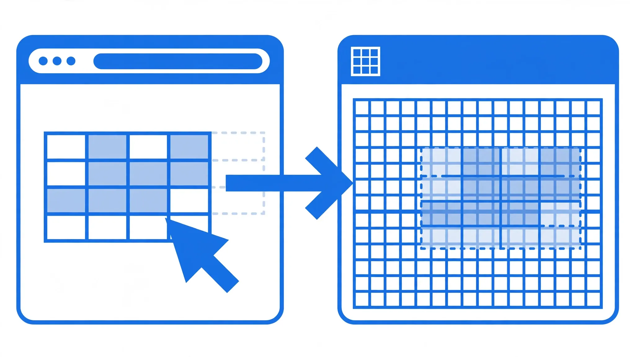 Browser window with a data table and cursor dragging it into a blue Excel spreadsheet grid