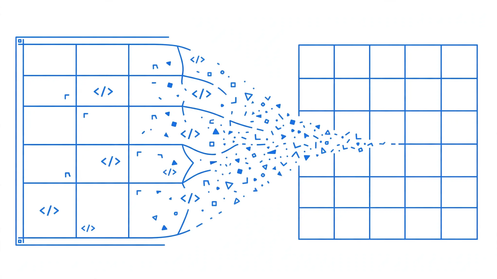 HTML table wireframe morphing into a solid spreadsheet grid with code fragments dissolving