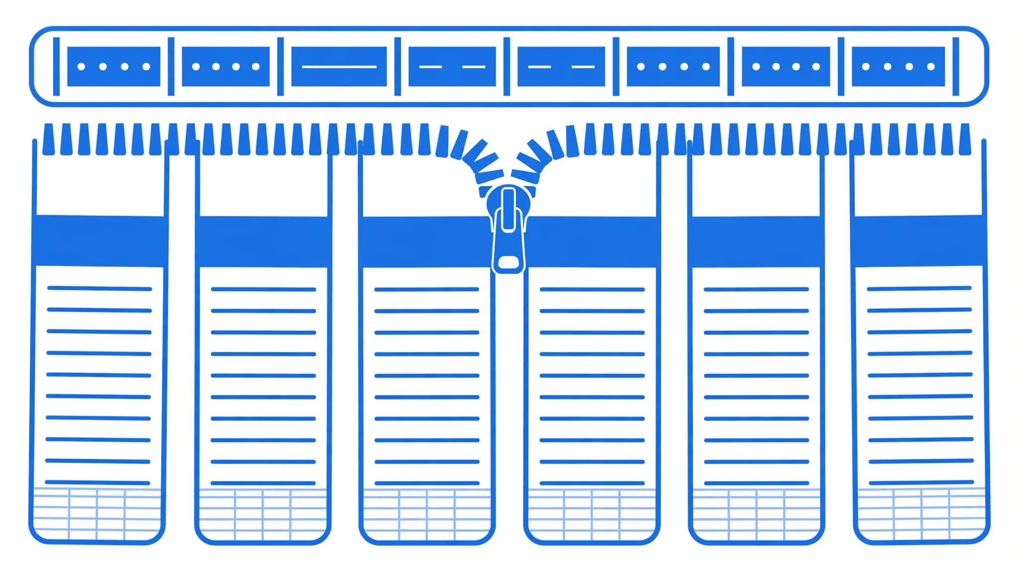Pipe-delimited text row with highlighted pipes splitting into spreadsheet columns like a zipper