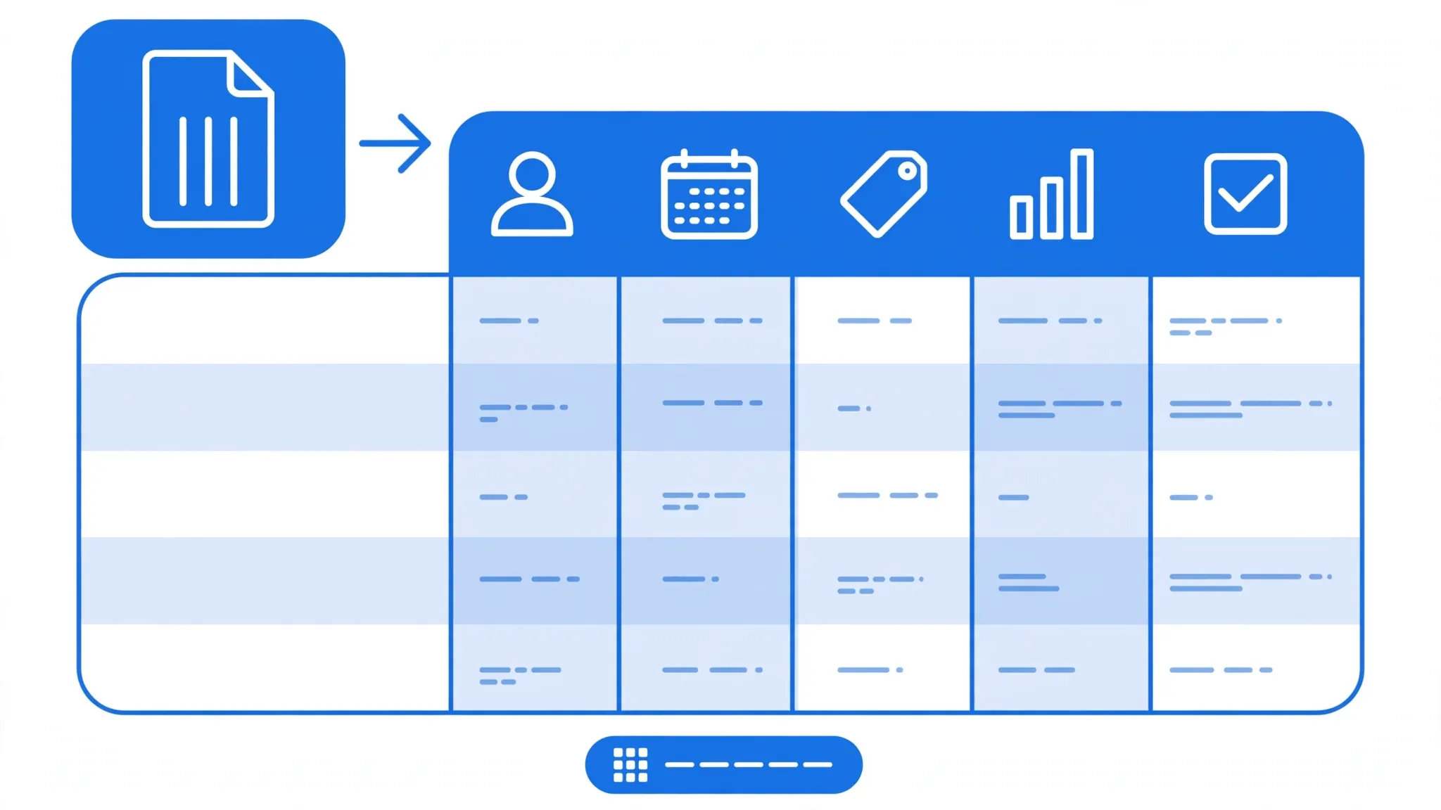 Pipe-separated data rows with blue column bands aligning into a spreadsheet grid